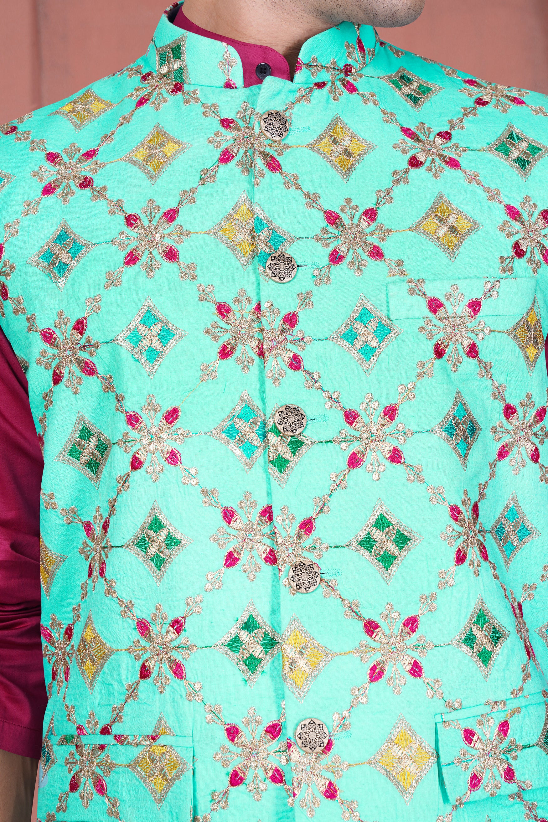 Cyan Blue and Charm Pink Geometric Cotton Thread Embroidered Designer Nehru Jacket