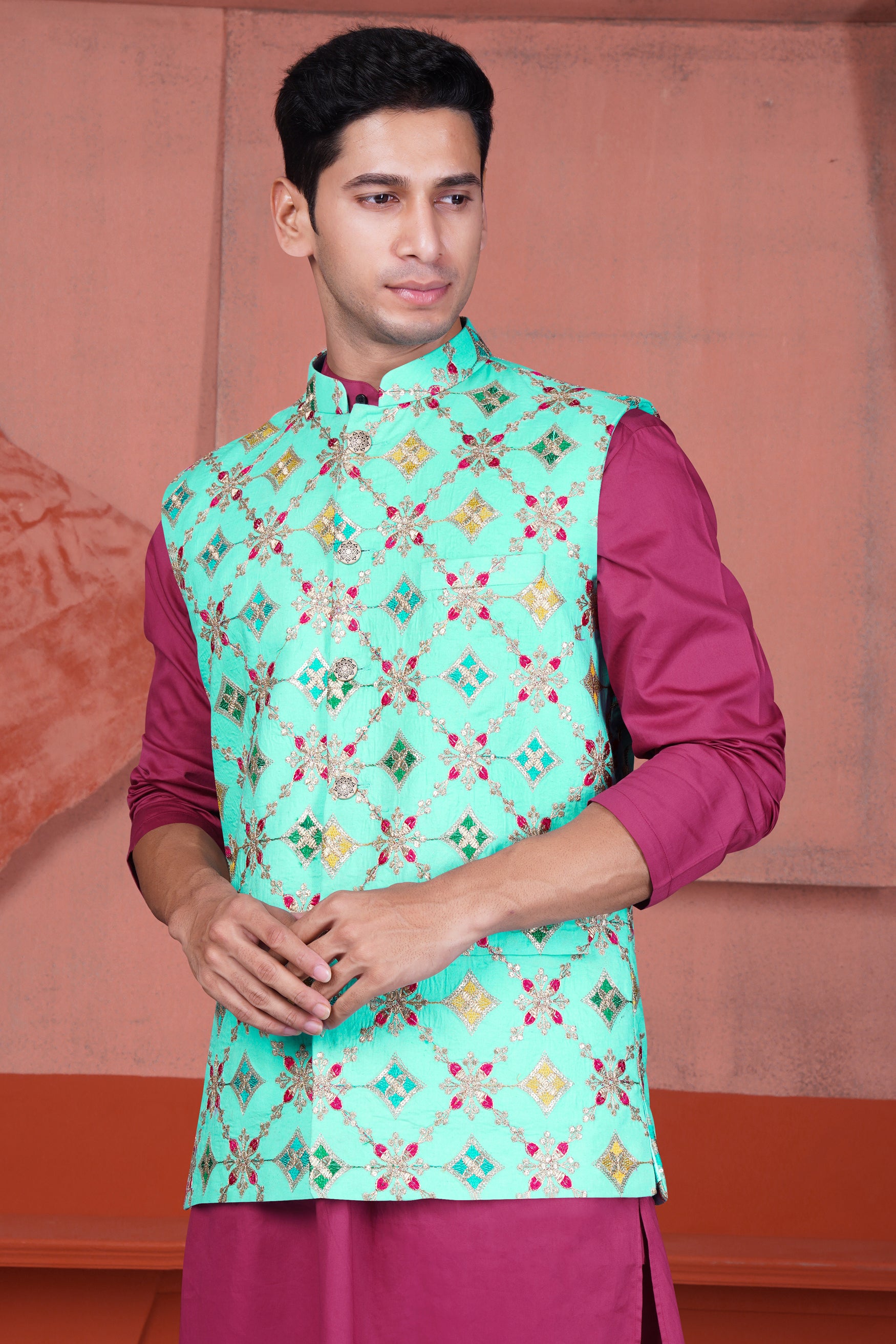 Cyan Blue and Charm Pink Geometric Cotton Thread Embroidered Designer Nehru Jacket