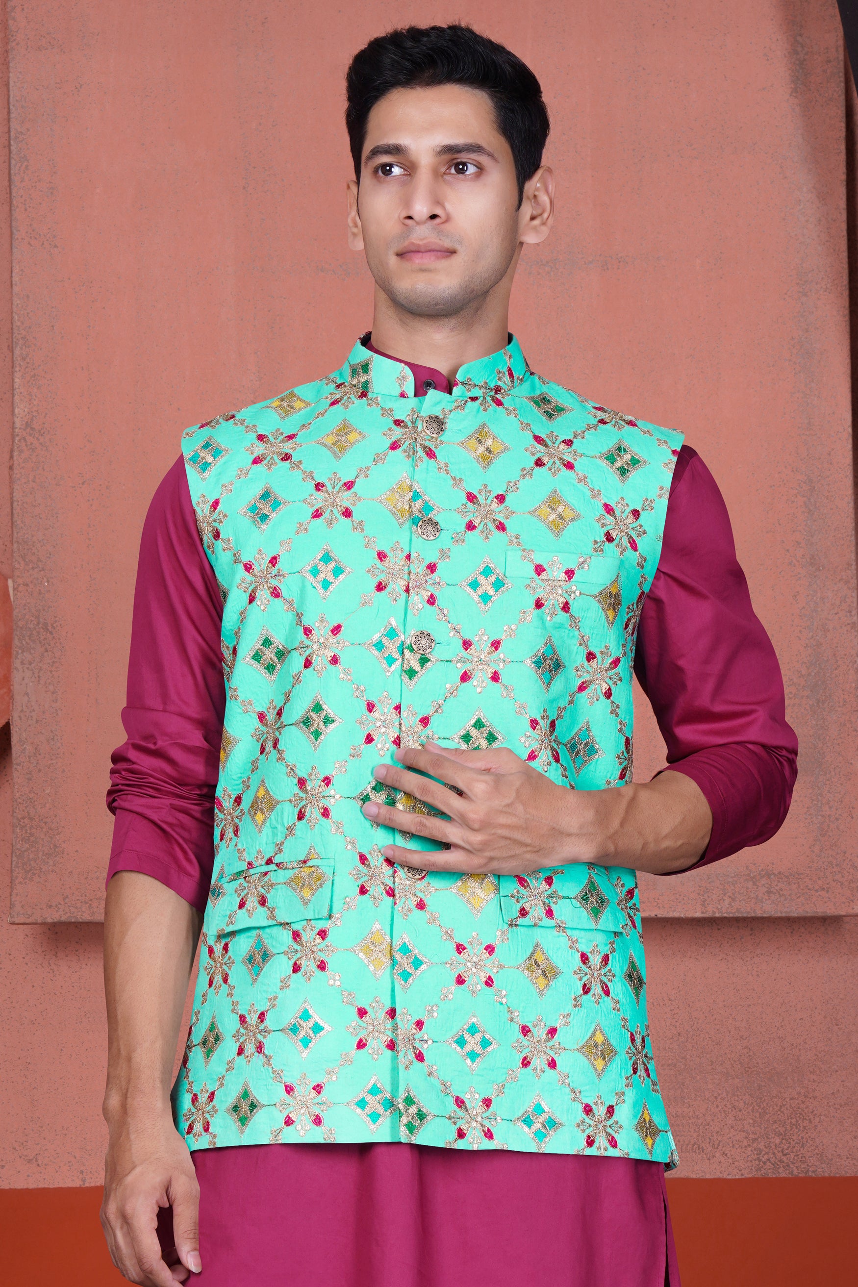 Cyan Blue and Charm Pink Geometric Cotton Thread Embroidered Designer Nehru Jacket