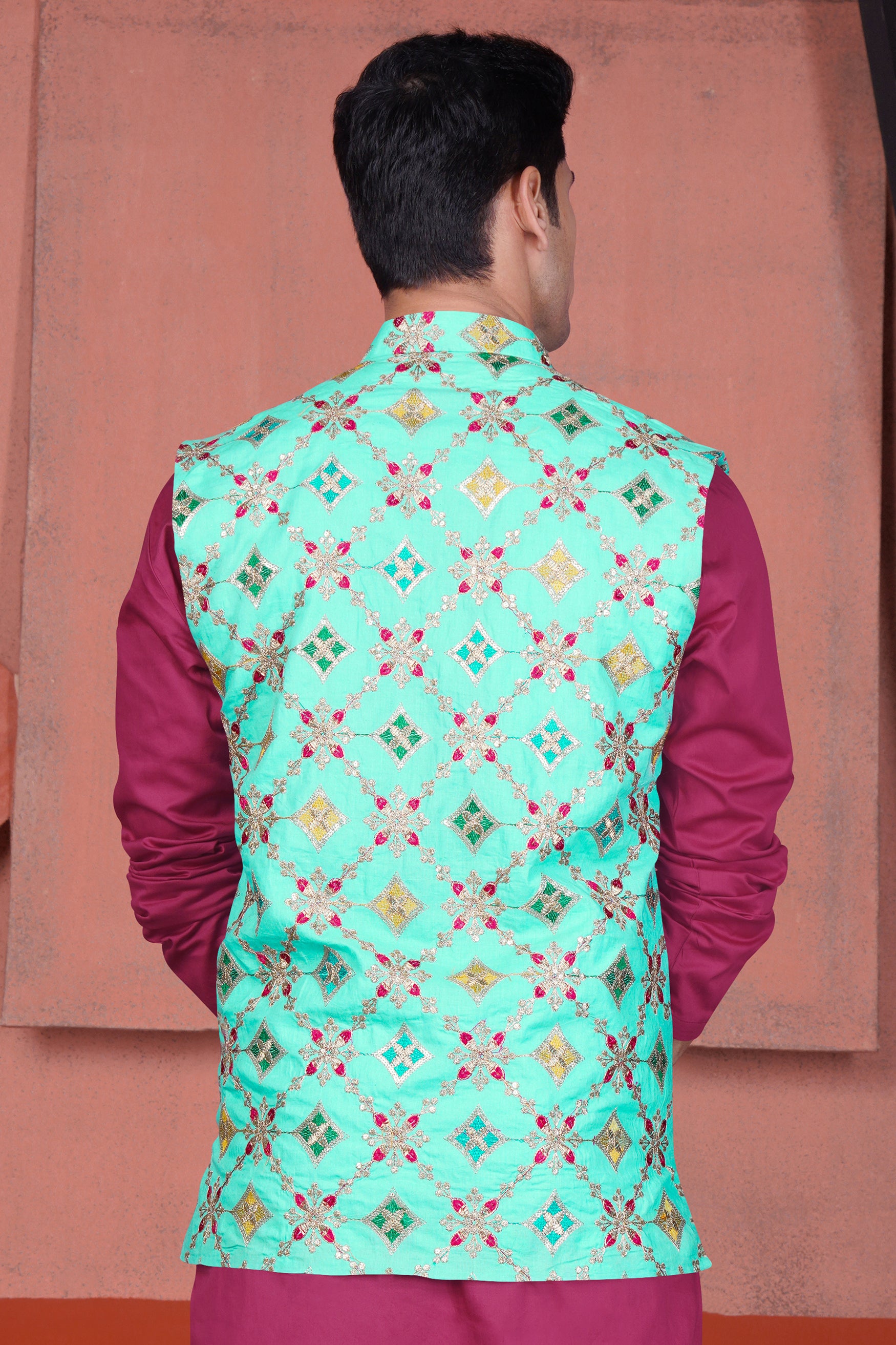 Cyan Blue and Charm Pink Geometric Cotton Thread Embroidered Designer Nehru Jacket