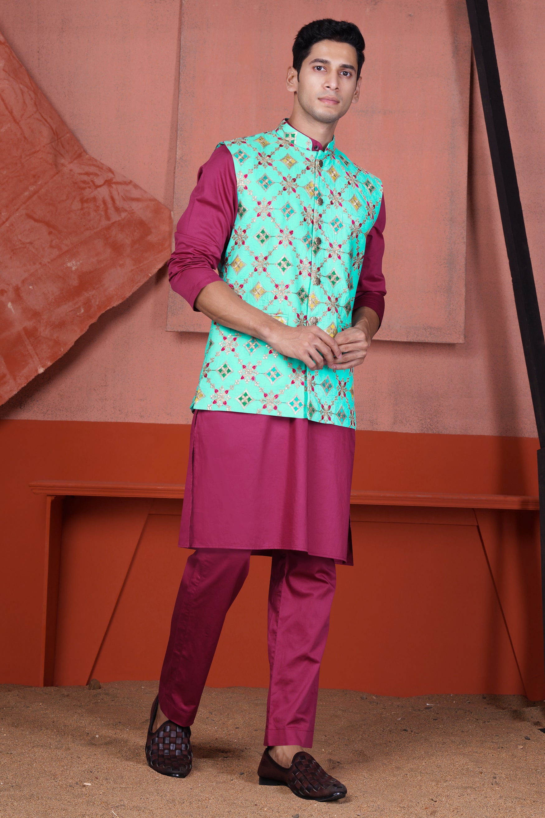 Cyan Blue and Charm Pink Geometric Cotton Thread Embroidered Designer Nehru Jacket