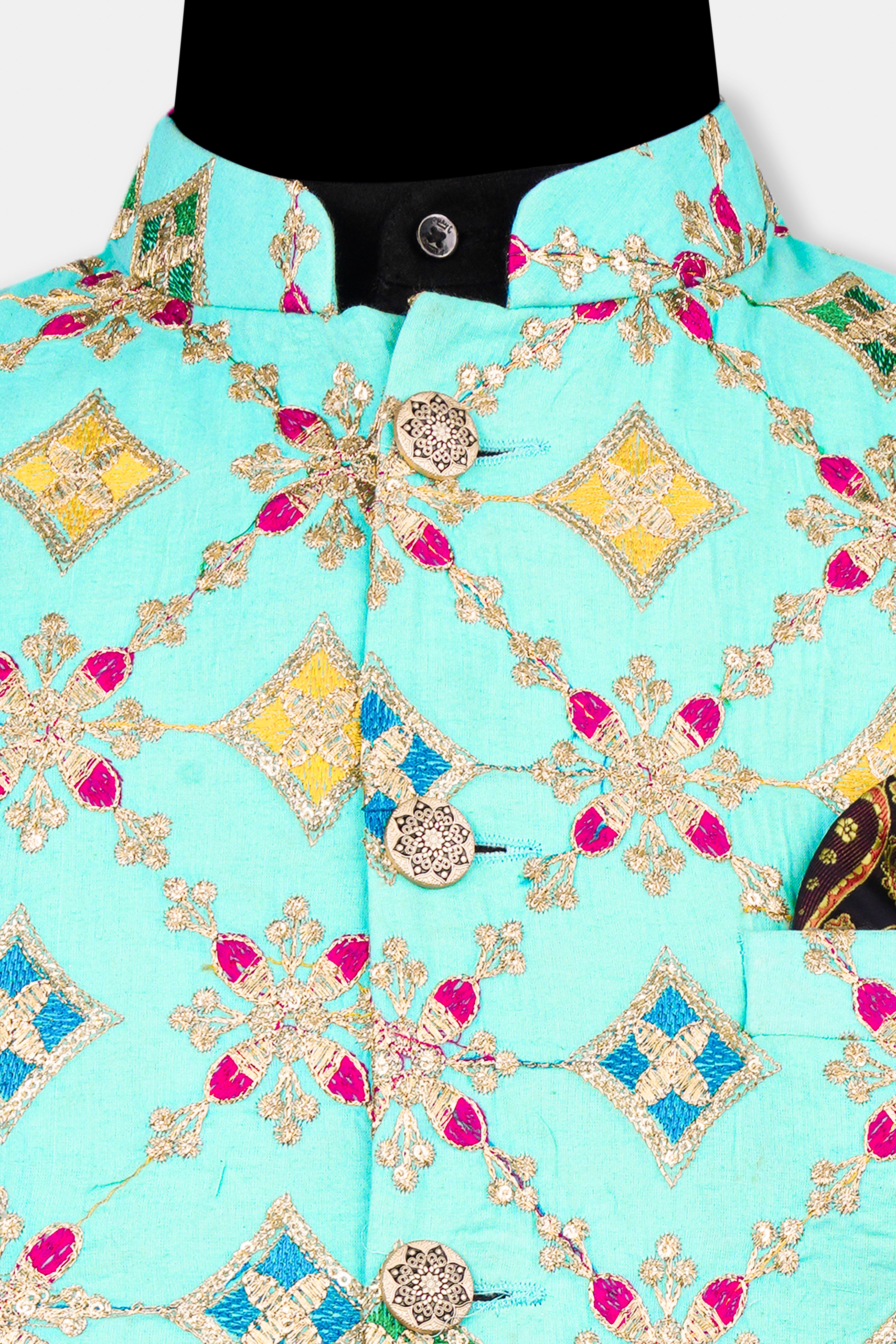 Cyan Blue and Charm Pink Geometric Cotton Thread Embroidered Designer Nehru Jacket