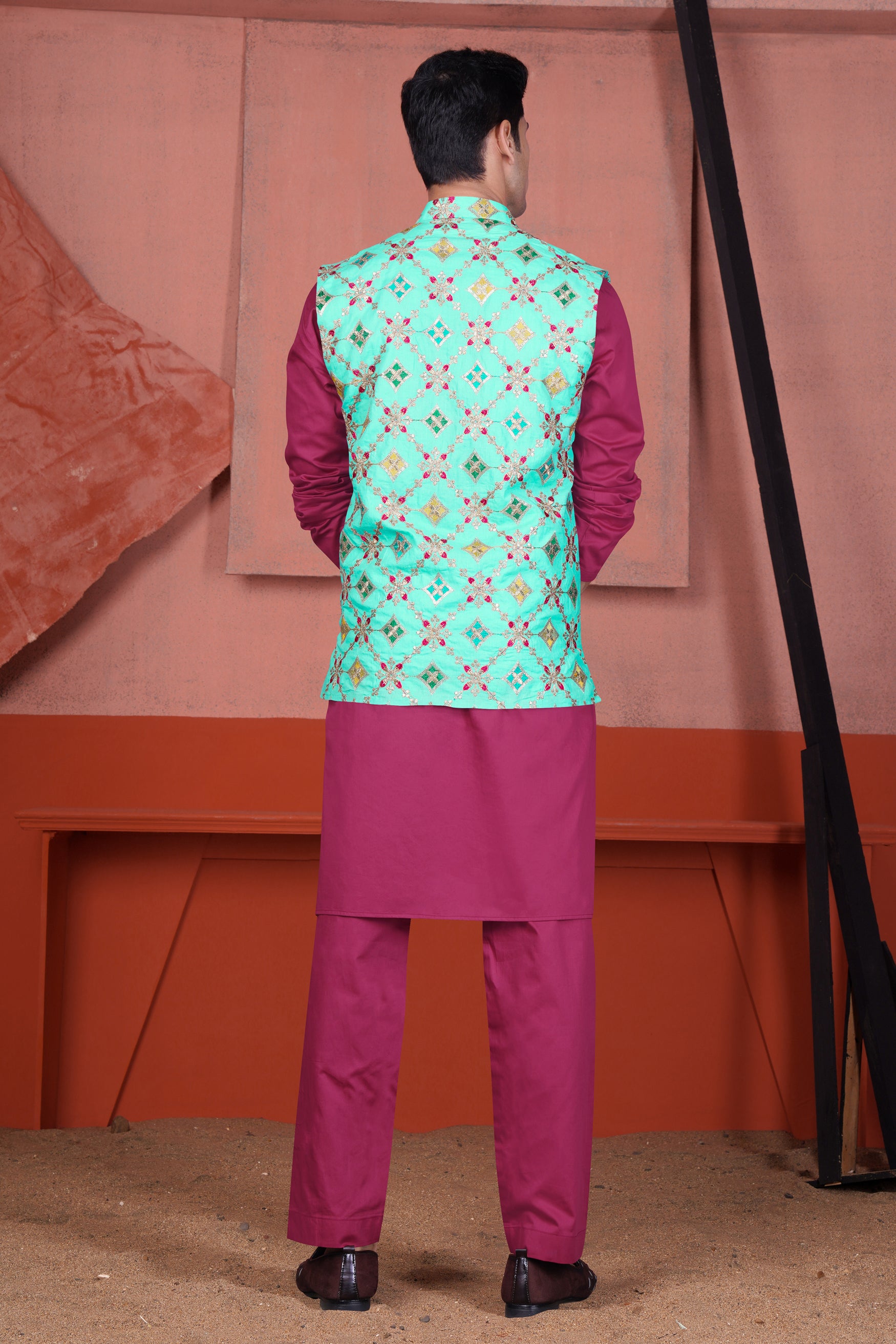 Cyan Blue and Charm Pink Geometric Cotton Thread Embroidered Designer Nehru Jacket