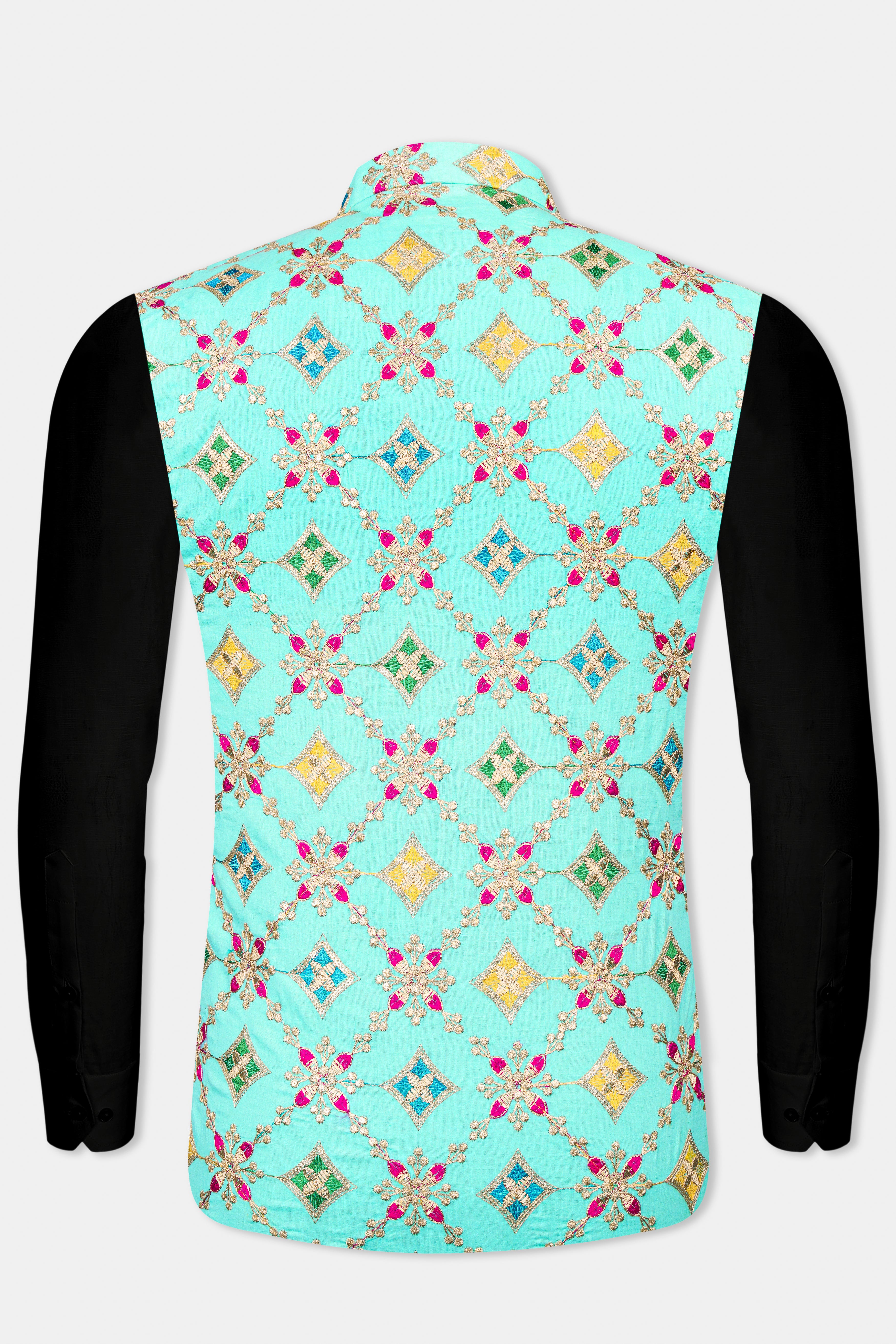 Cyan Blue and Charm Pink Geometric Cotton Thread Embroidered Designer Nehru Jacket