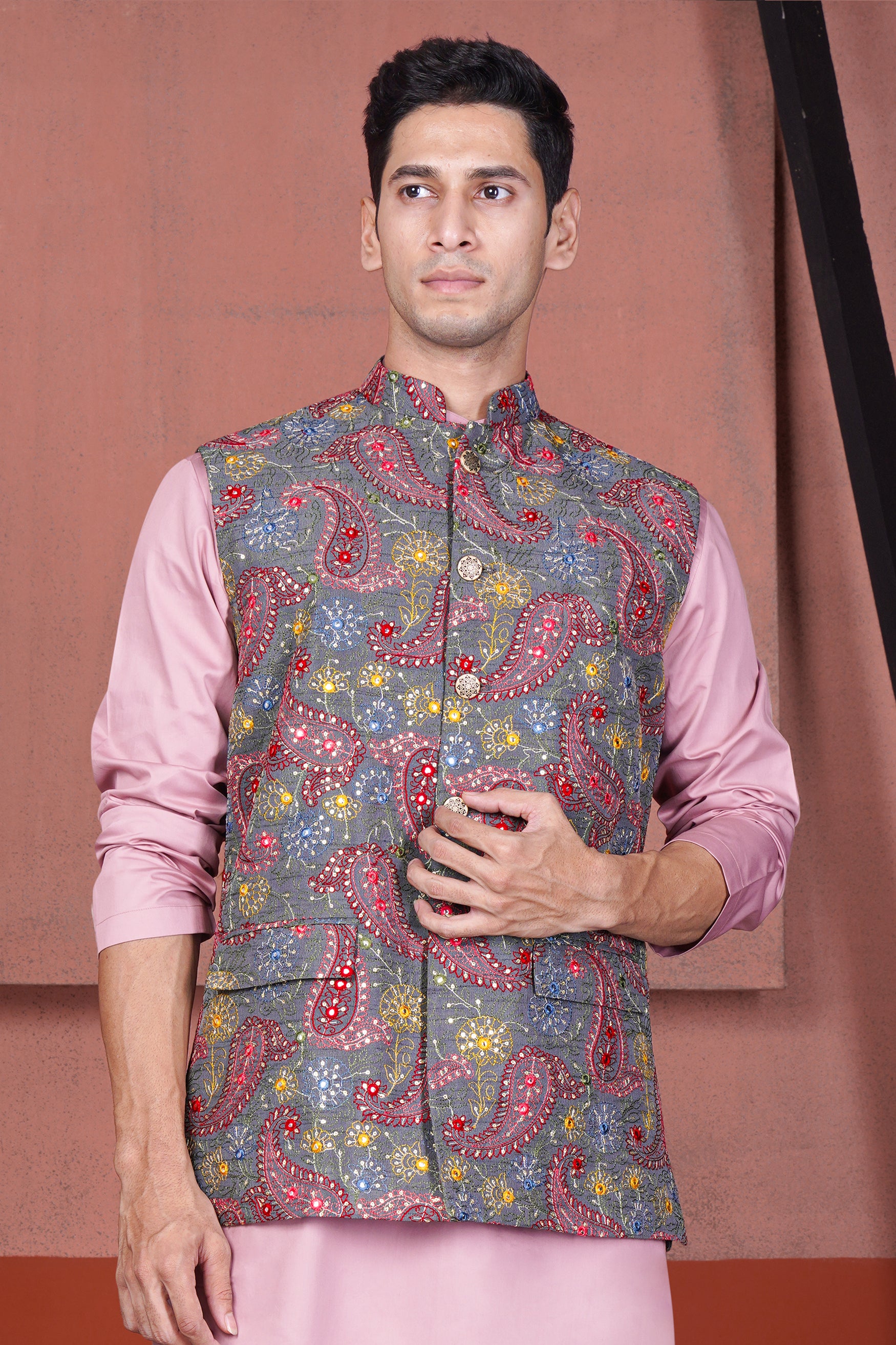 Nickel Gray and Brink Pink Paisley Cotton Thread Embroidered Designer Nehru Jacket