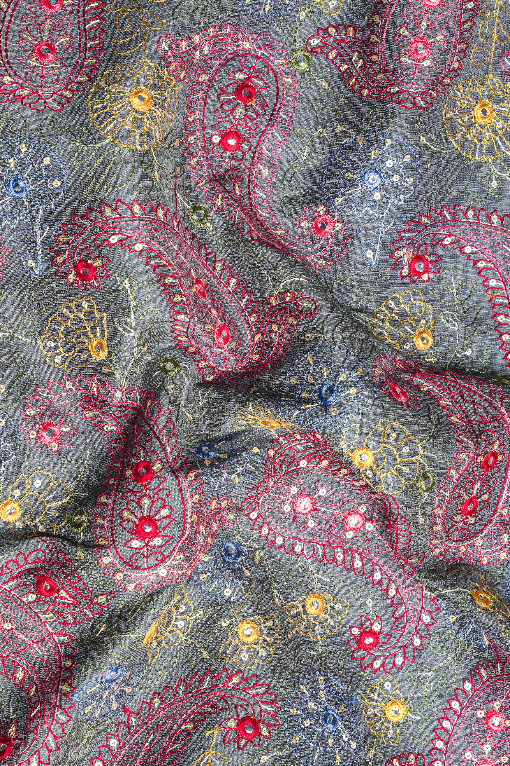 Nickel Gray and Brink Pink Paisley Cotton Thread Embroidered Designer Nehru Jacket