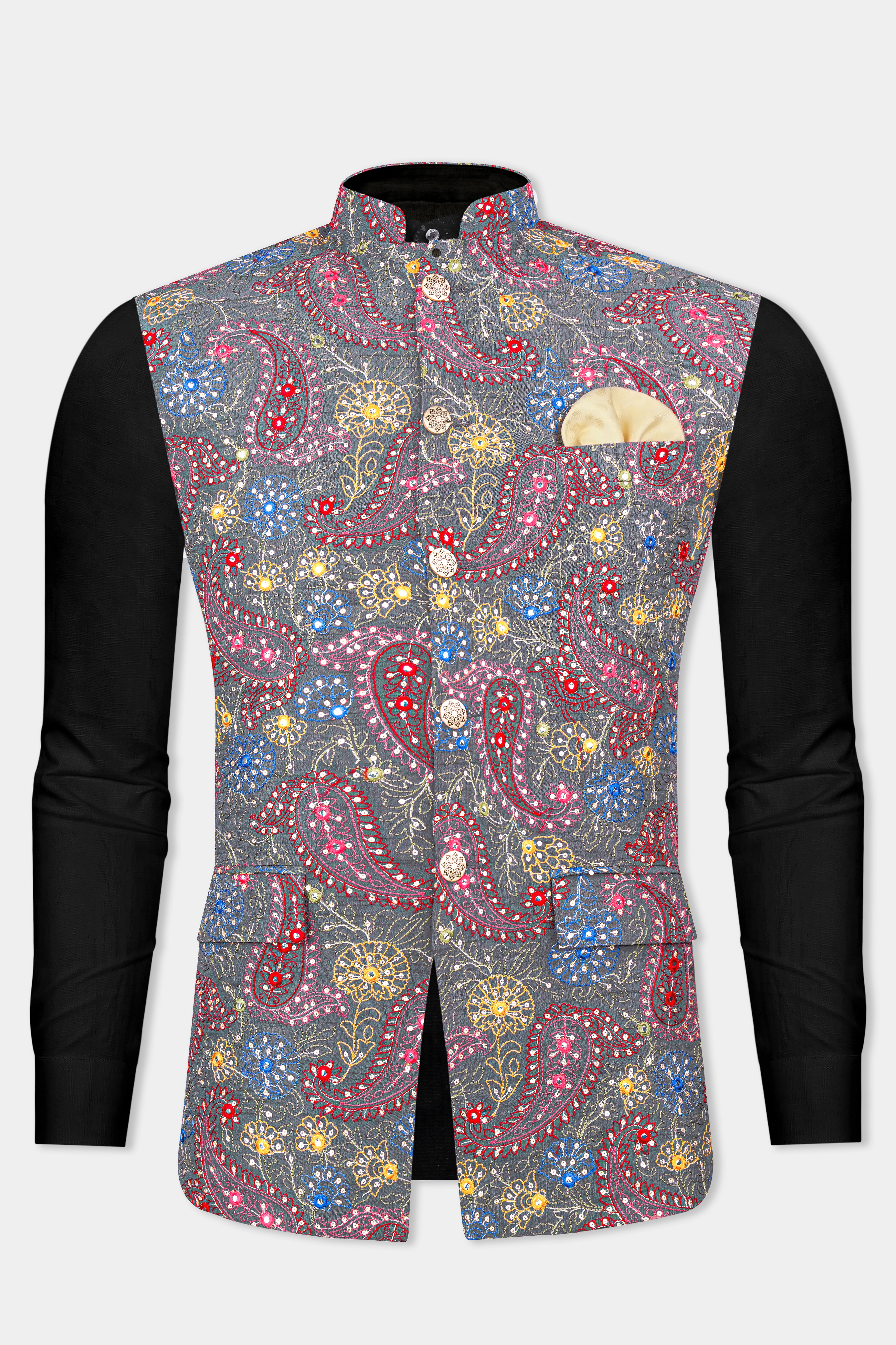 Nickel Gray and Brink Pink Paisley Cotton Thread Embroidered Designer Nehru Jacket