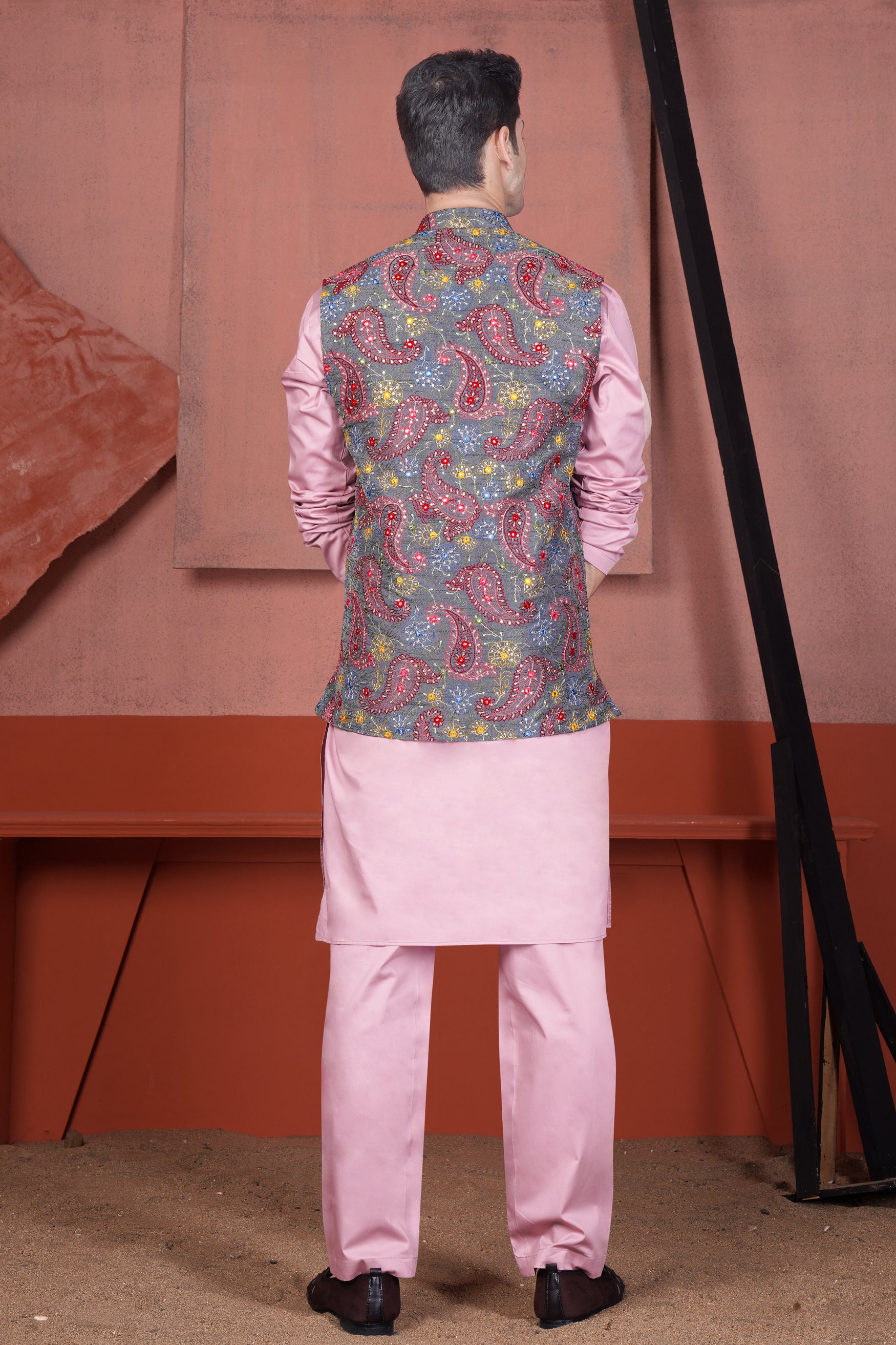 Nickel Gray and Brink Pink Paisley Cotton Thread Embroidered Designer Nehru Jacket