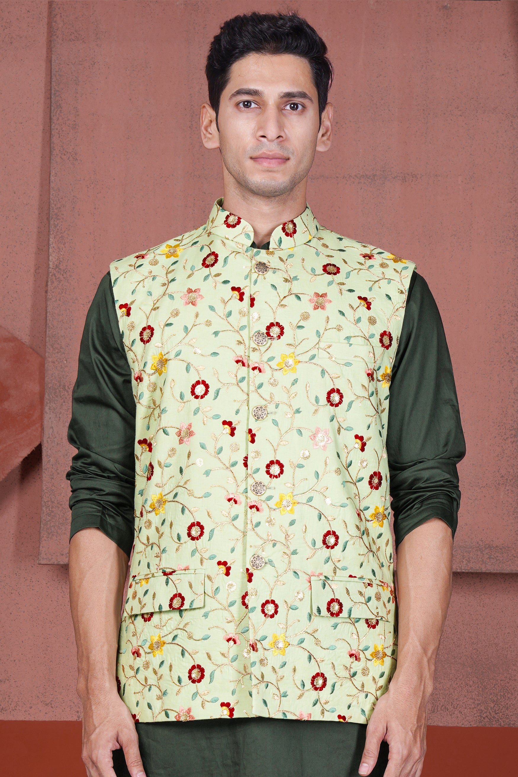 Hampton Green and Beryl Red Floral Multicolour Cotton Thread Embroidered Designer Nehru Jacket