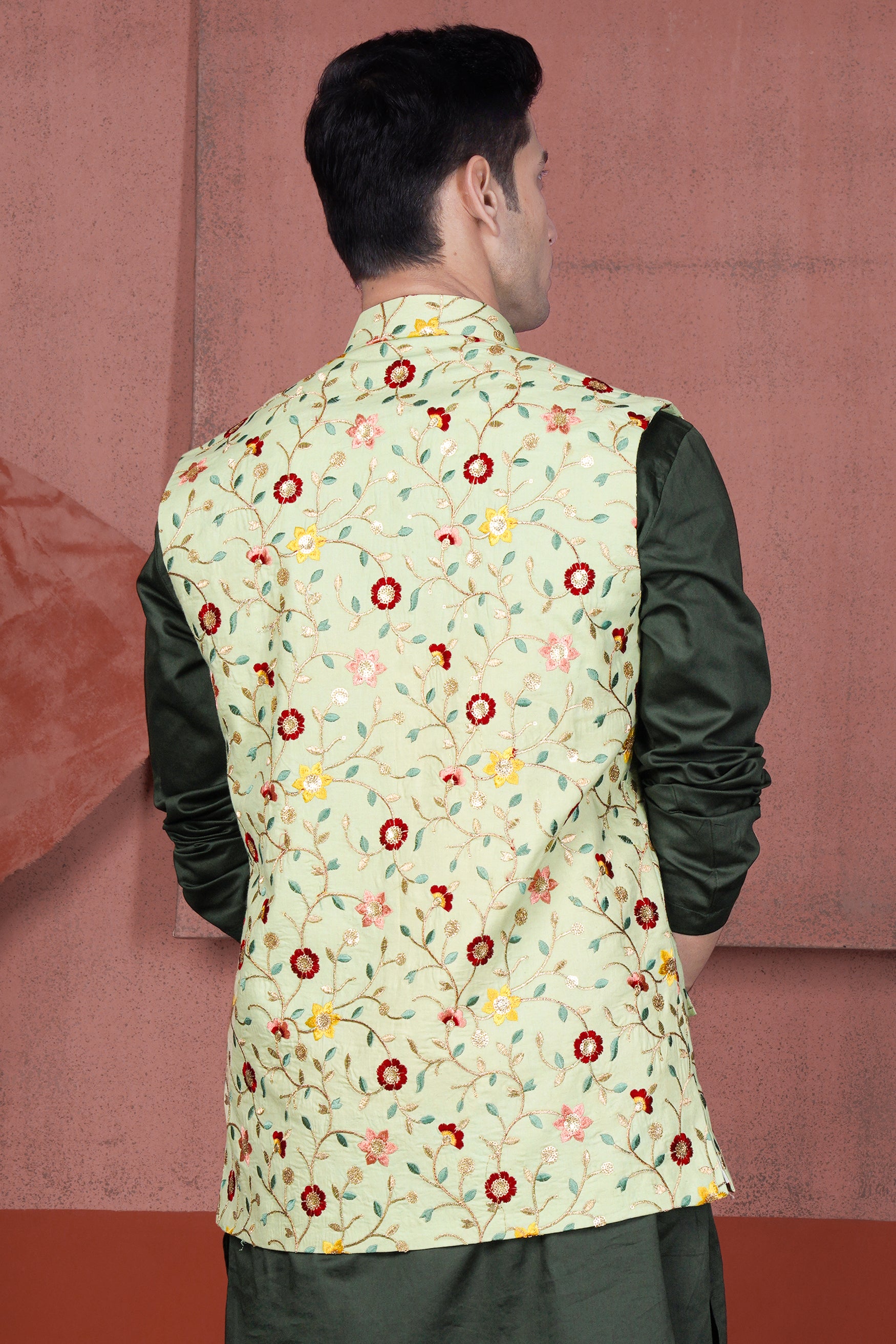 Hampton Green and Beryl Red Floral Multicolour Cotton Thread Embroidered Designer Nehru Jacket