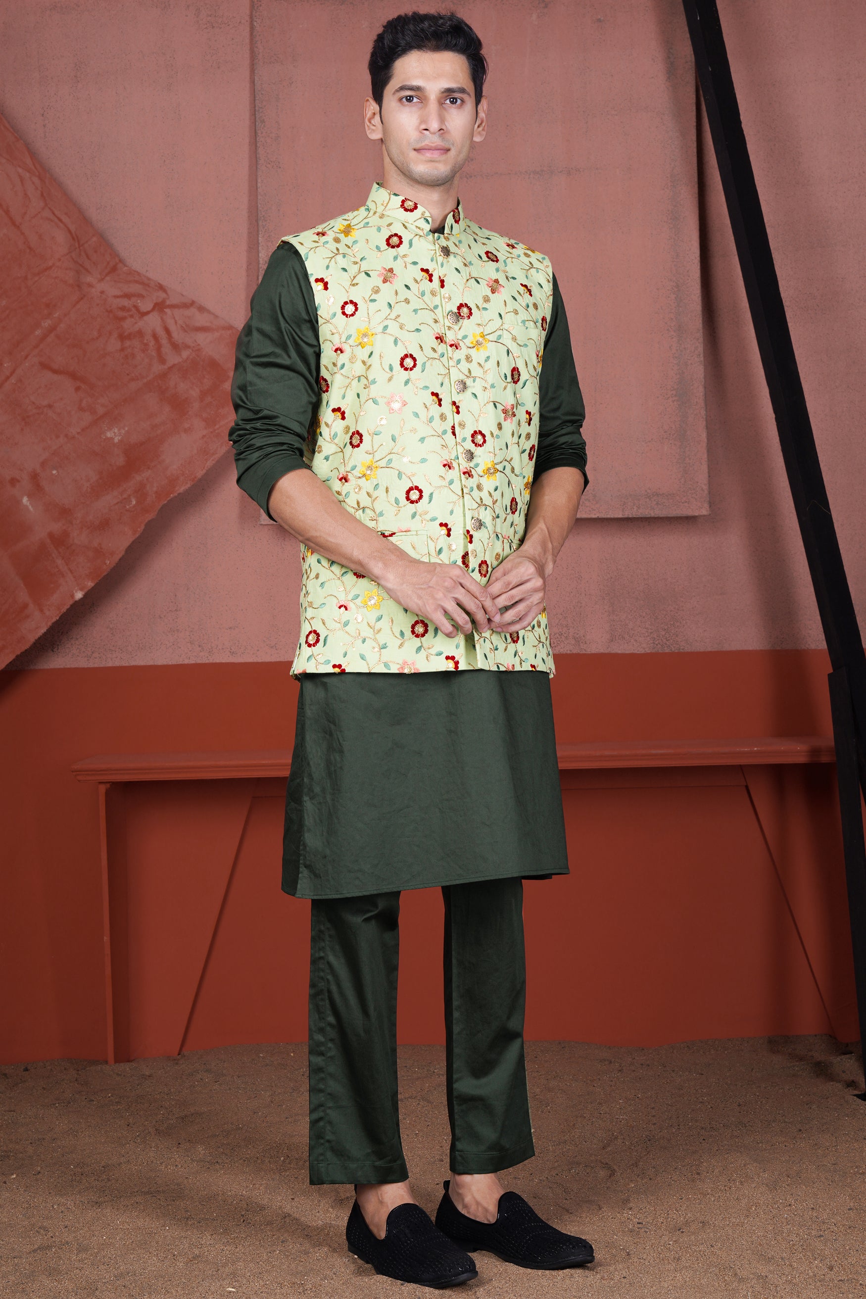 Hampton Green and Beryl Red Floral Multicolour Cotton Thread Embroidered Designer Nehru Jacket