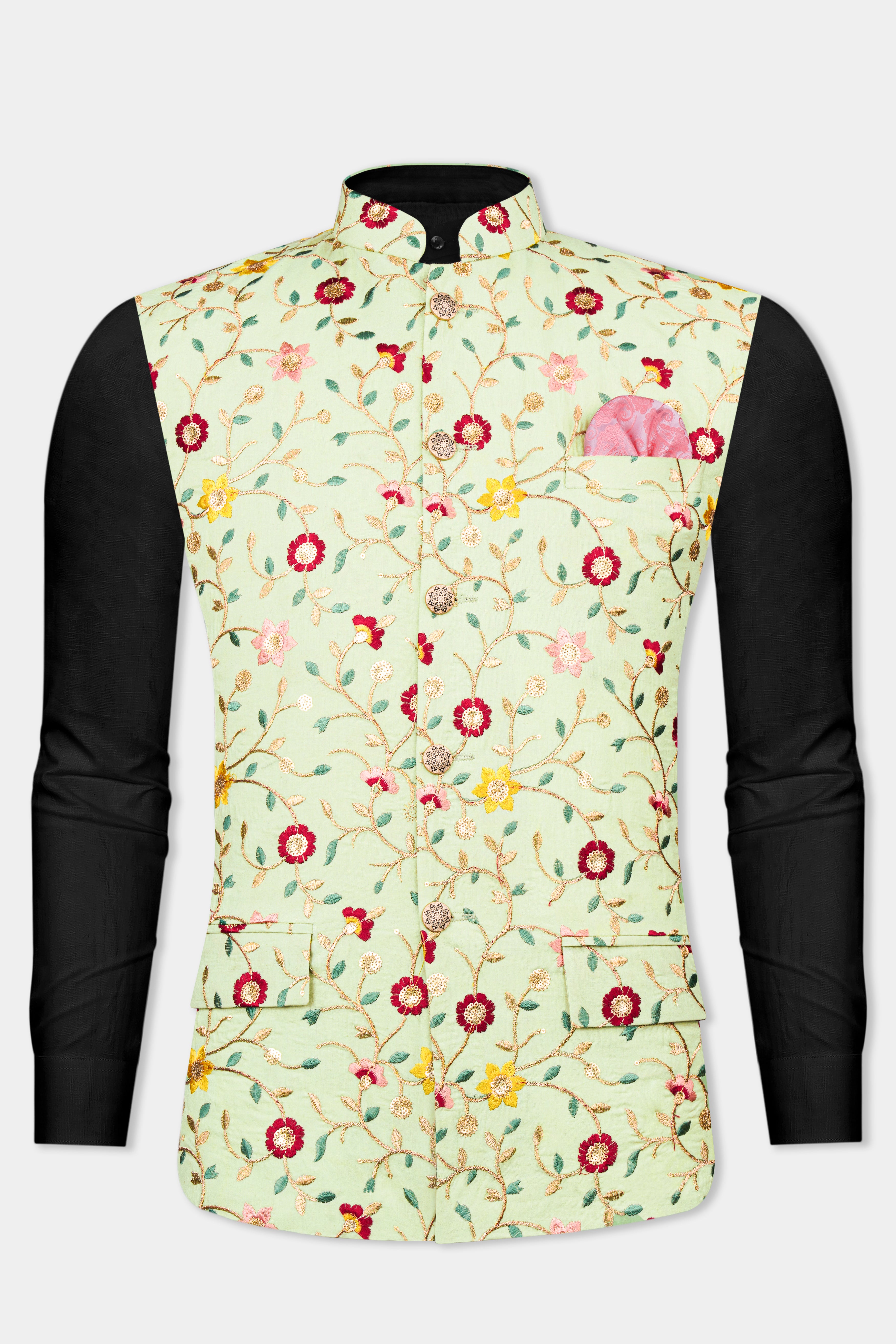 Hampton Green and Beryl Red Floral Multicolour Cotton Thread Embroidered Designer Nehru Jacket