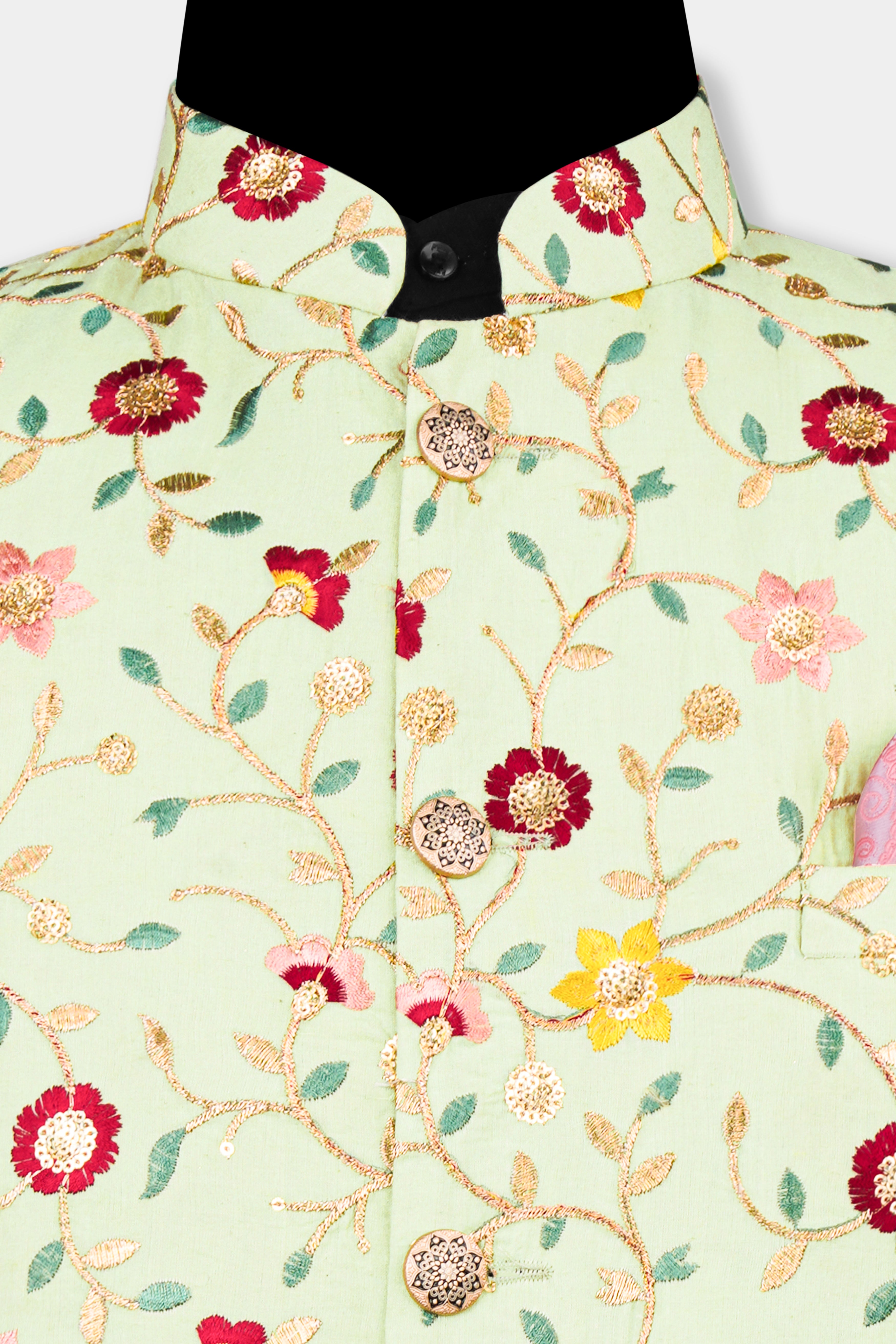 Hampton Green and Beryl Red Floral Multicolour Cotton Thread Embroidered Designer Nehru Jacket