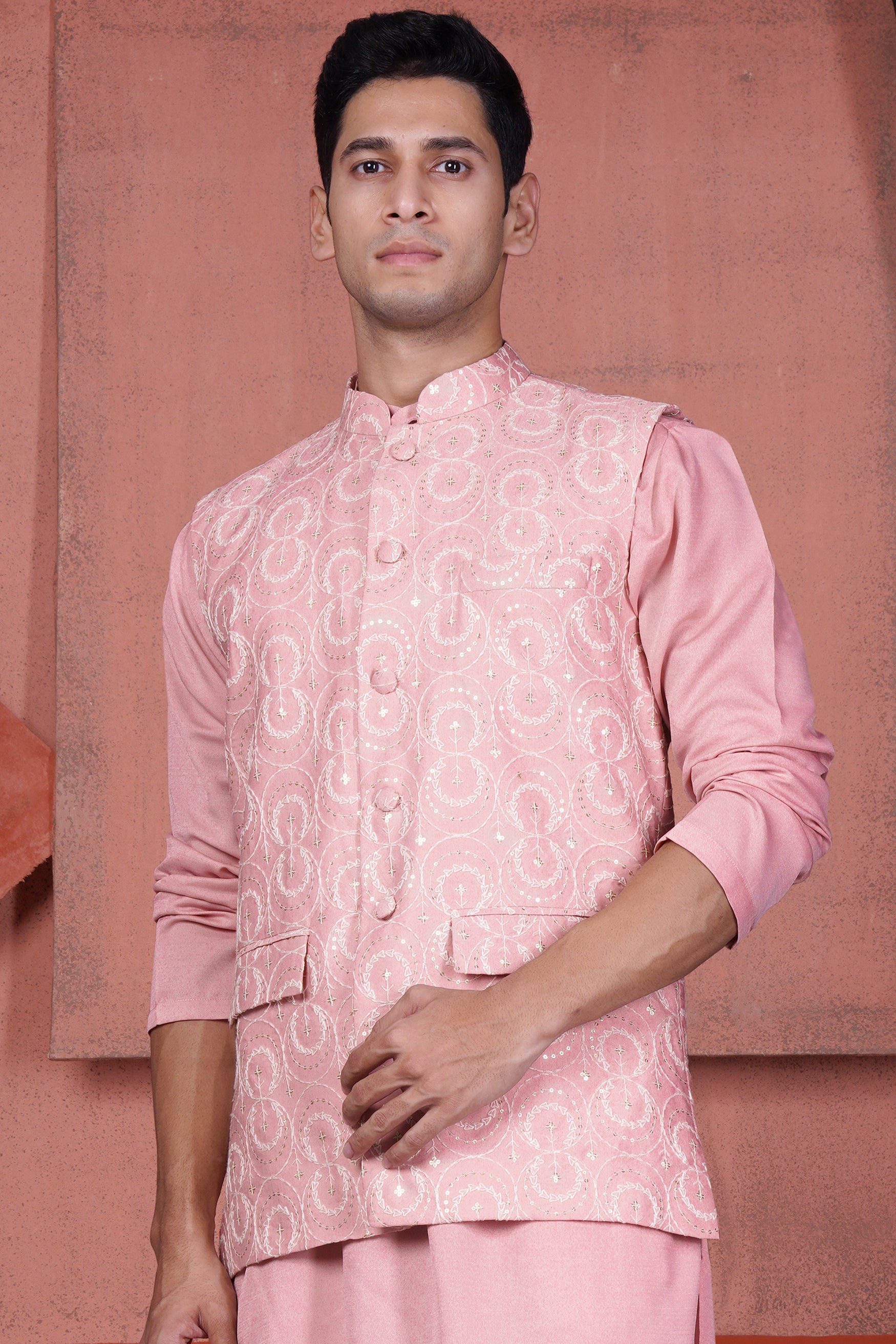 Careys Pink Viscose Circular Cotton Thread Embroidered Designer Nehru Jacket