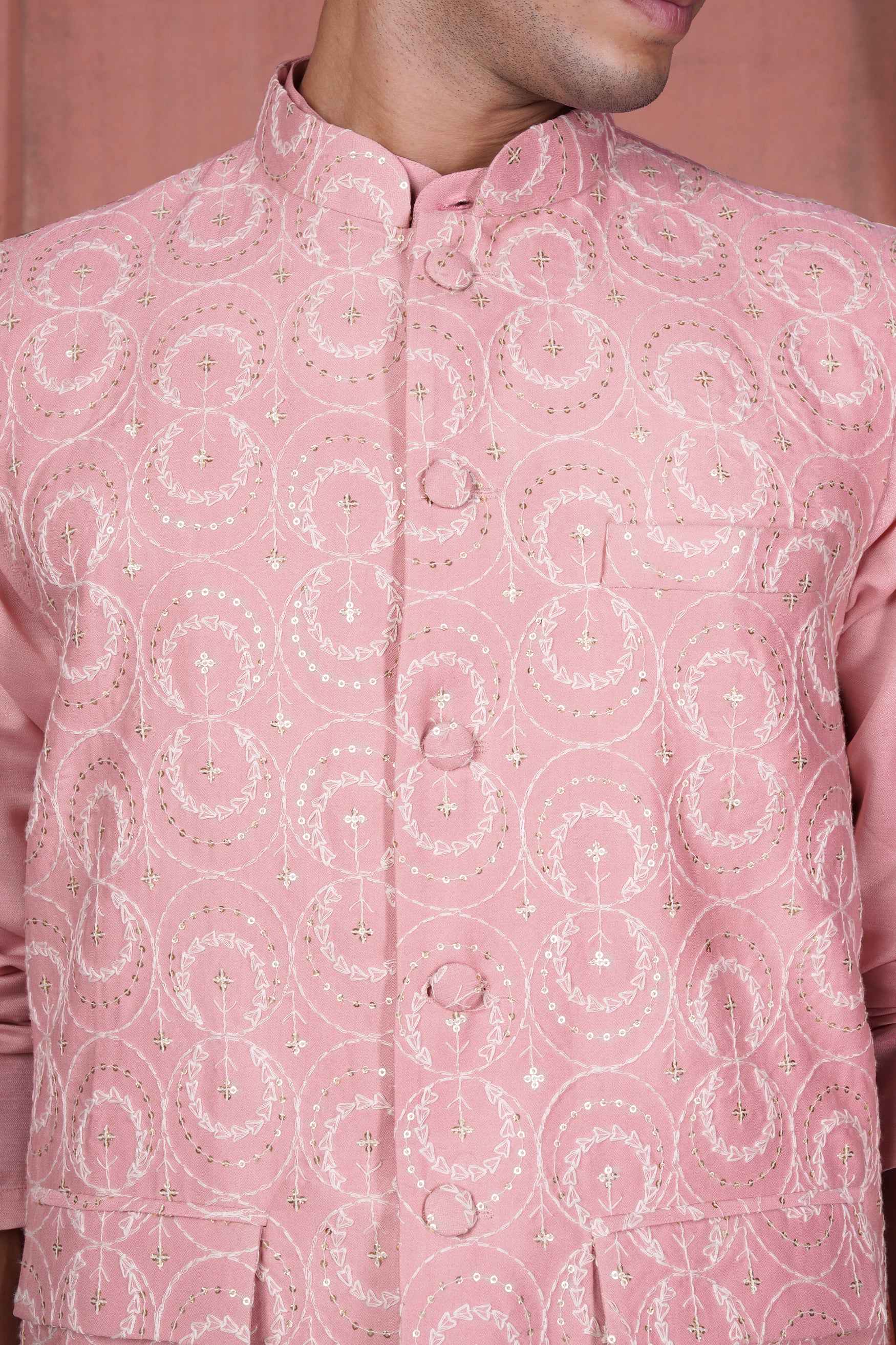 Careys Pink Viscose Circular Cotton Thread Embroidered Designer Nehru Jacket