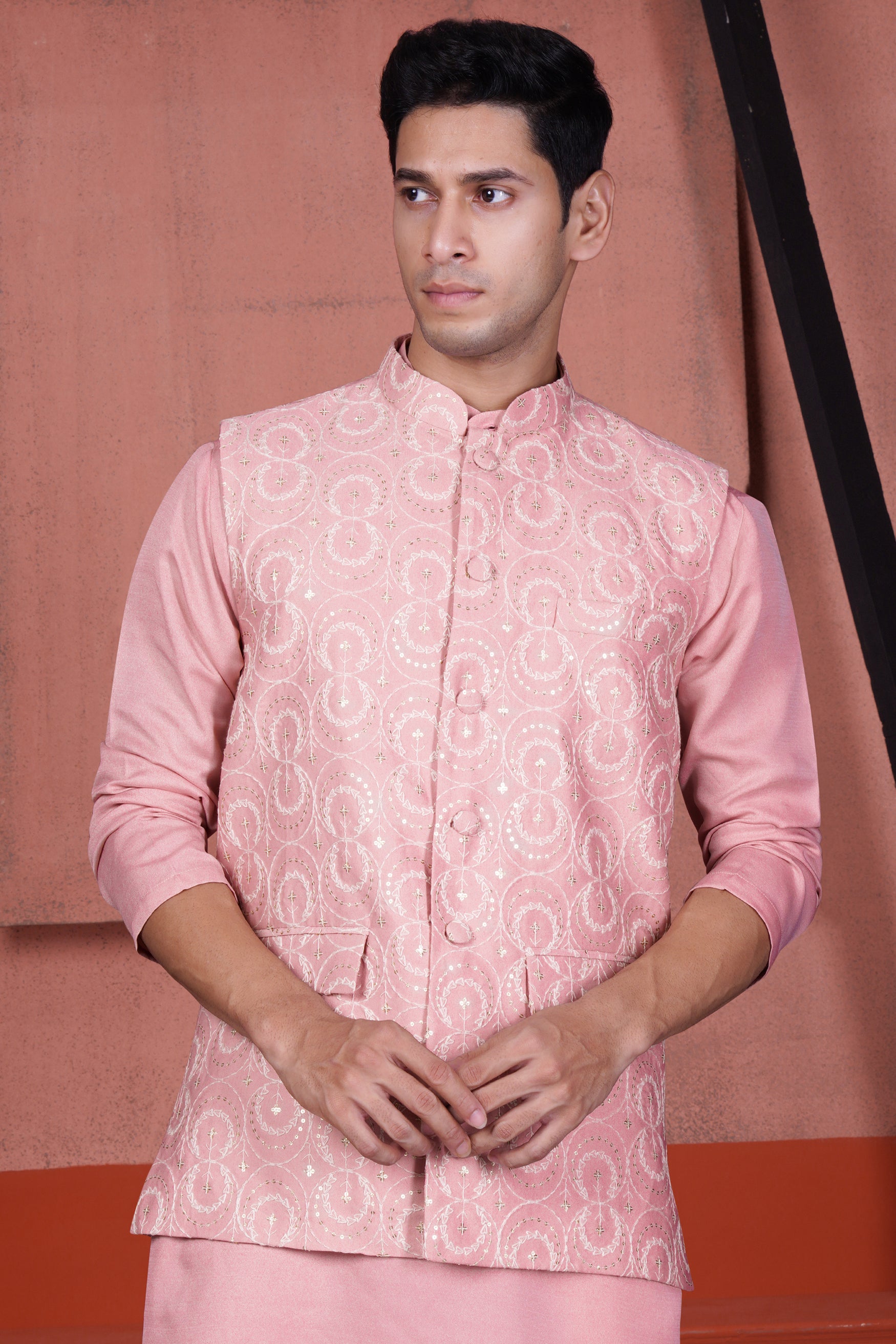 Careys Pink Viscose Circular Cotton Thread Embroidered Designer Nehru Jacket