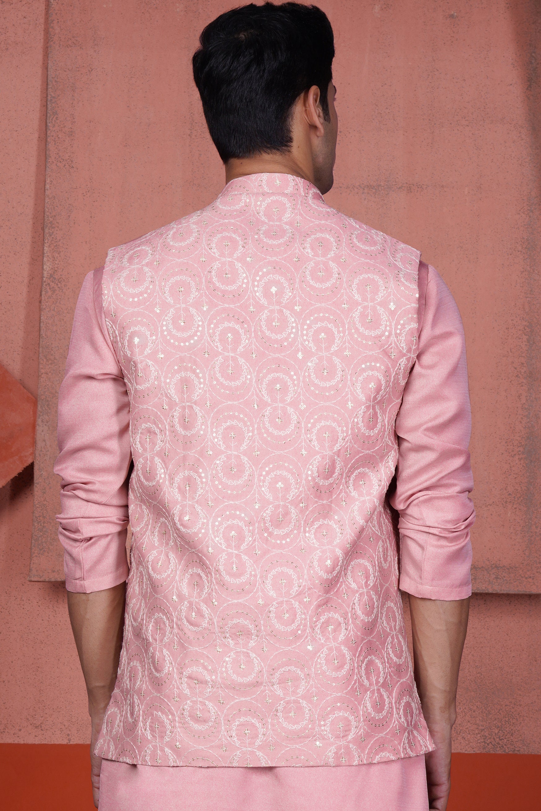 Careys Pink Viscose Circular Cotton Thread Embroidered Designer Nehru Jacket