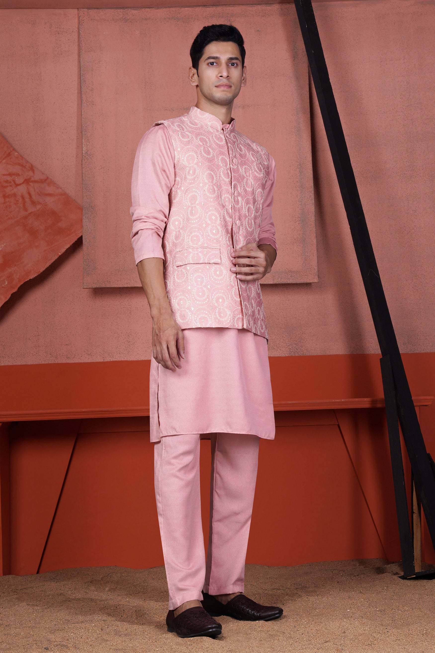 Careys Pink Viscose Circular Cotton Thread Embroidered Designer Nehru Jacket