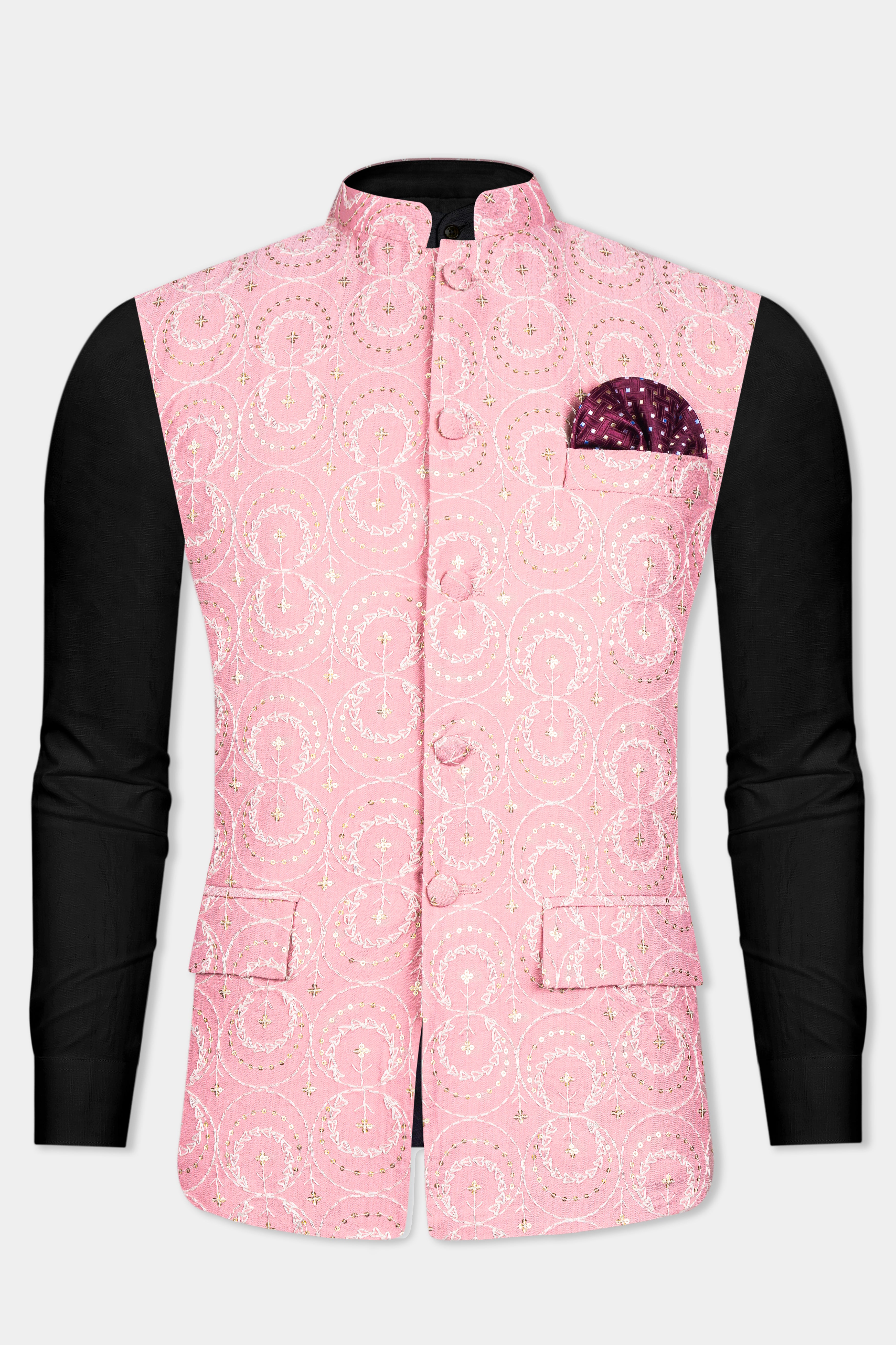 Careys Pink Viscose Circular Cotton Thread Embroidered Designer Nehru Jacket