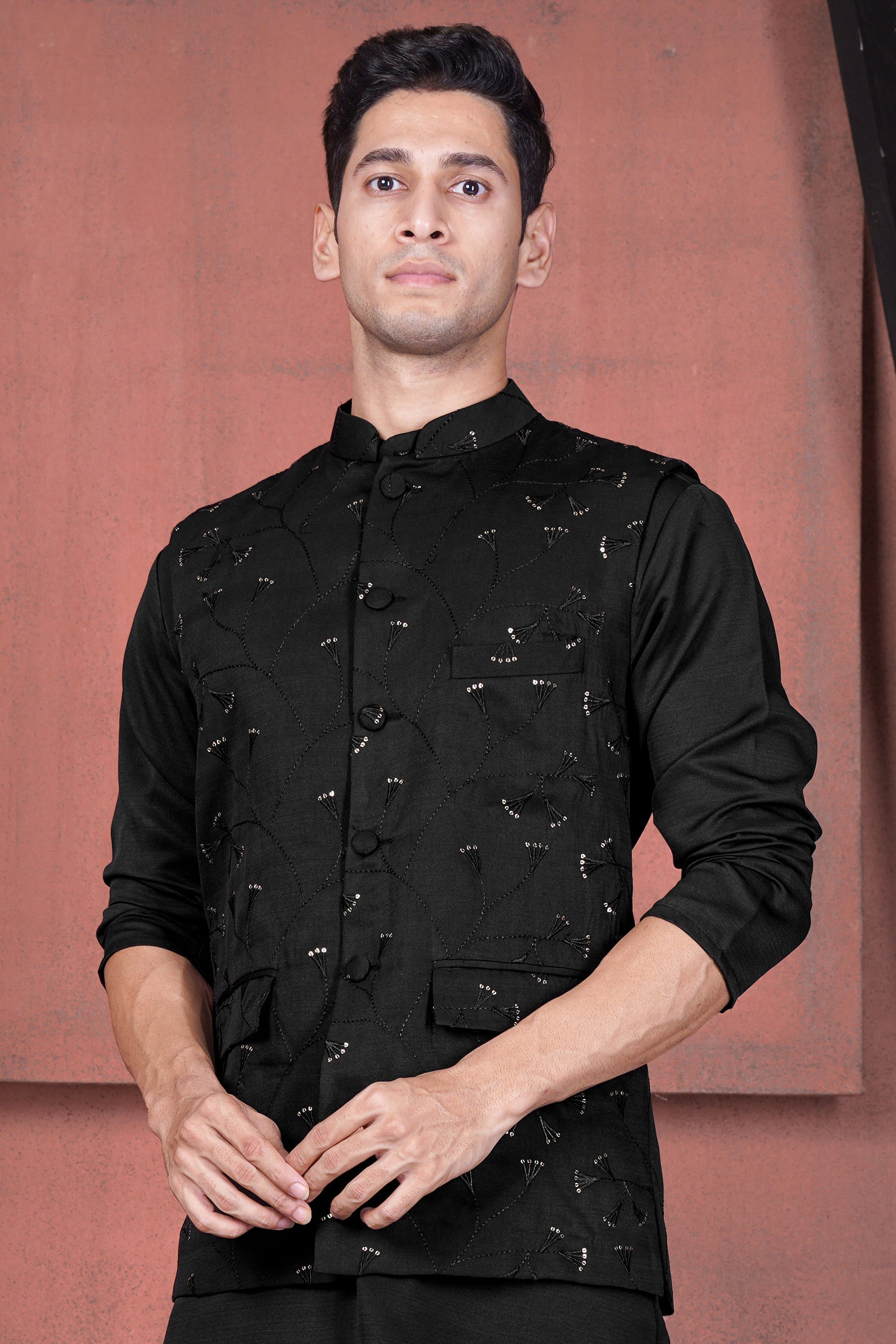 Jade Black Viscose Embroidered with Tikki Work Designer Nehru Jacket