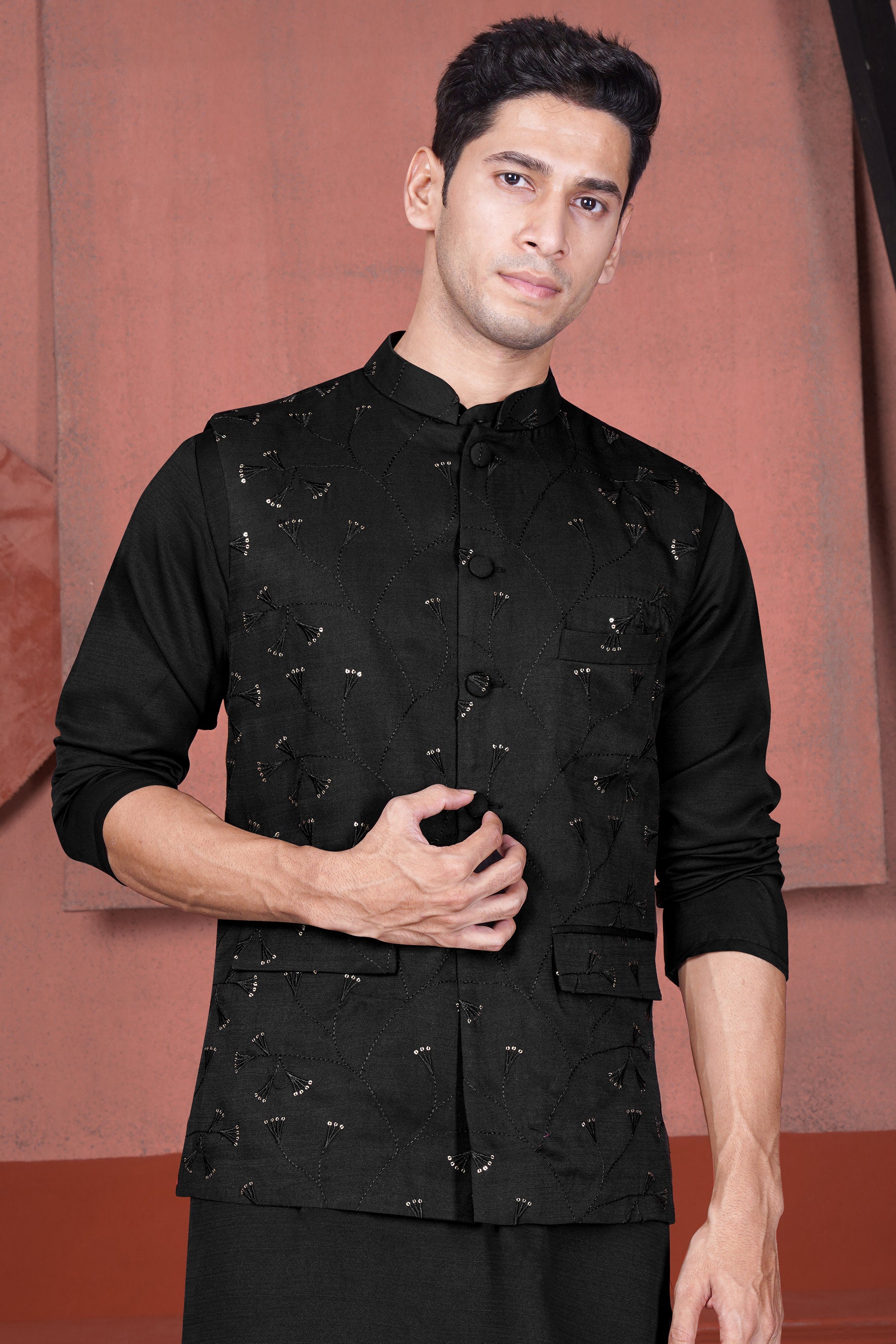 Jade Black Viscose Embroidered with Tikki Work Designer Nehru Jacket