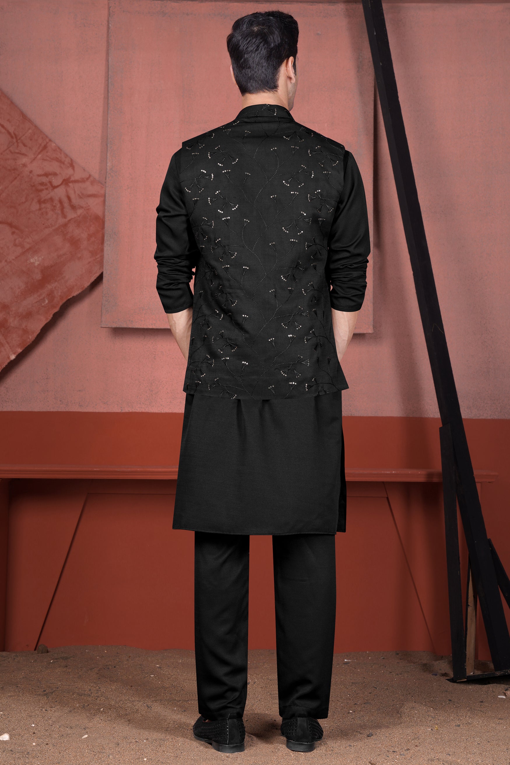 Jade Black Viscose Embroidered with Tikki Work Designer Nehru Jacket