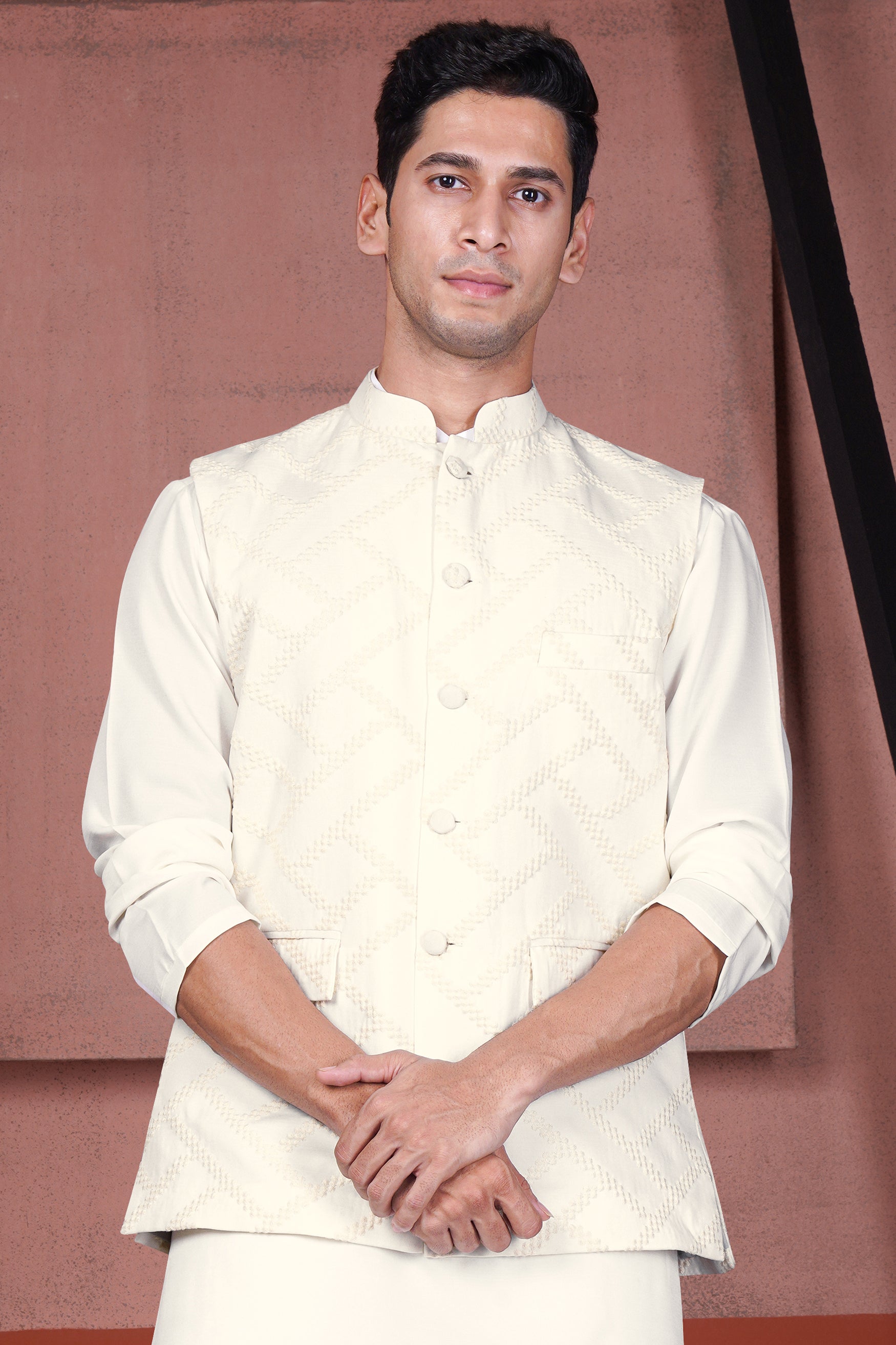 Albescent Cream Viscose Embroidered Designer Nehru Jacket