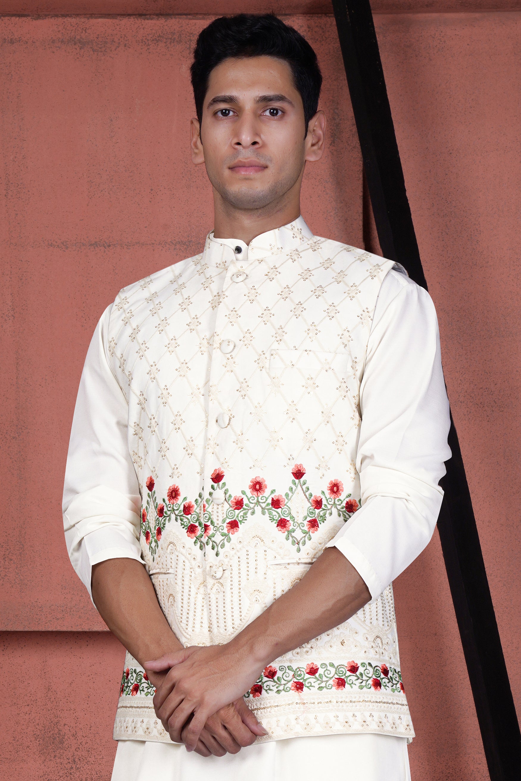 Ecru Cream Viscose Floral Embroidered with Tikki Work Designer Nehru Jacket
