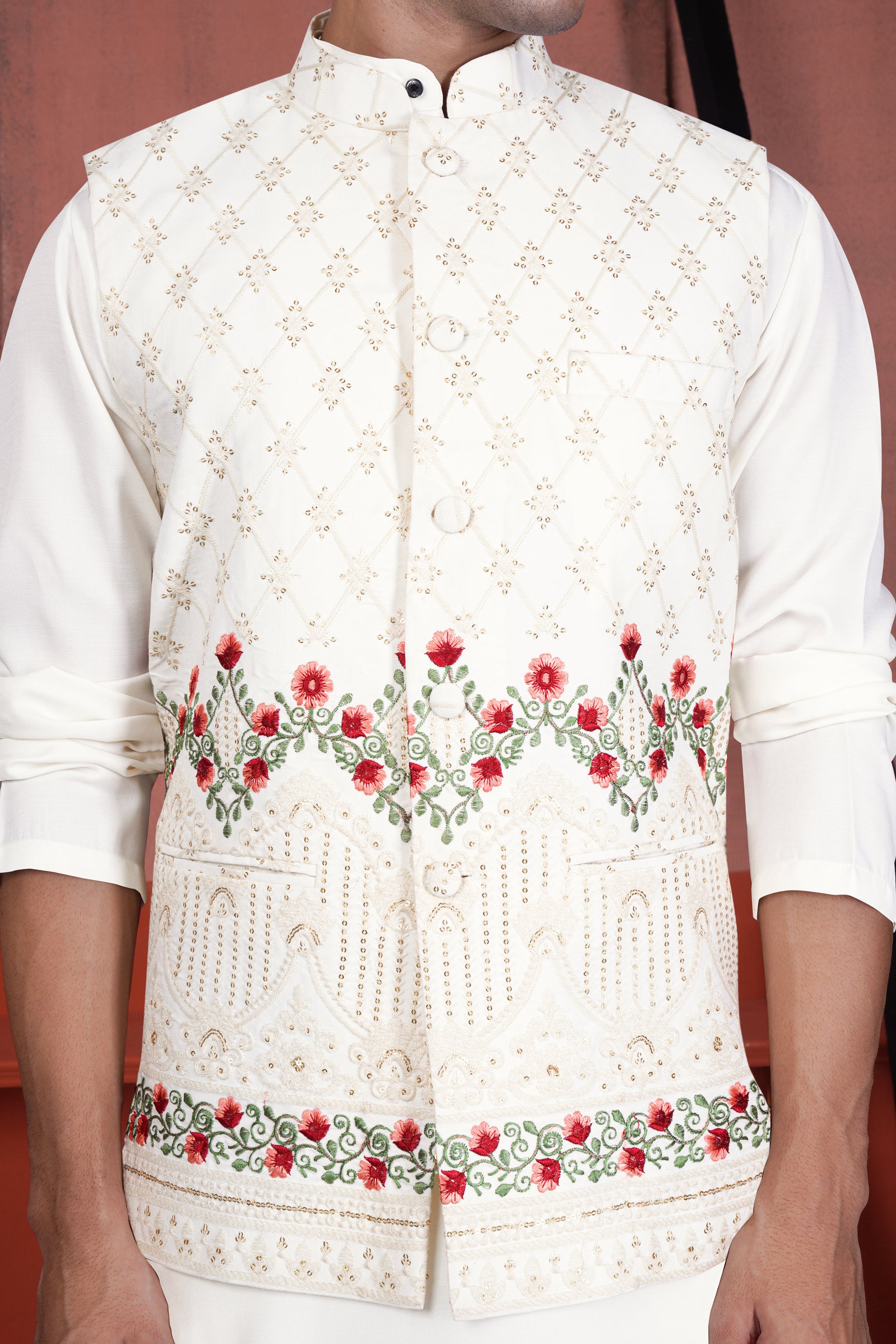 Ecru Cream Viscose Floral Embroidered with Tikki Work Designer Nehru Jacket