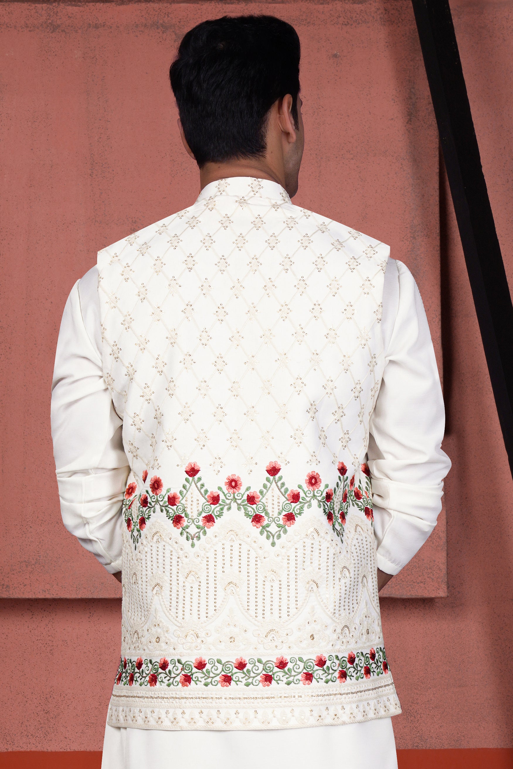 Ecru Cream Viscose Floral Embroidered with Tikki Work Designer Nehru Jacket