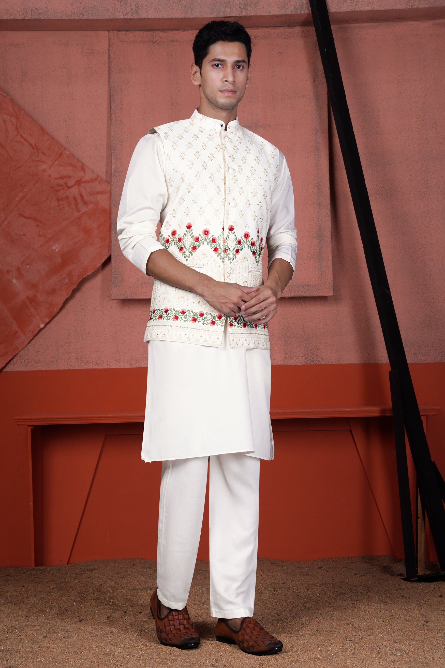 Ecru Cream Viscose Floral Embroidered with Tikki Work Designer Nehru Jacket