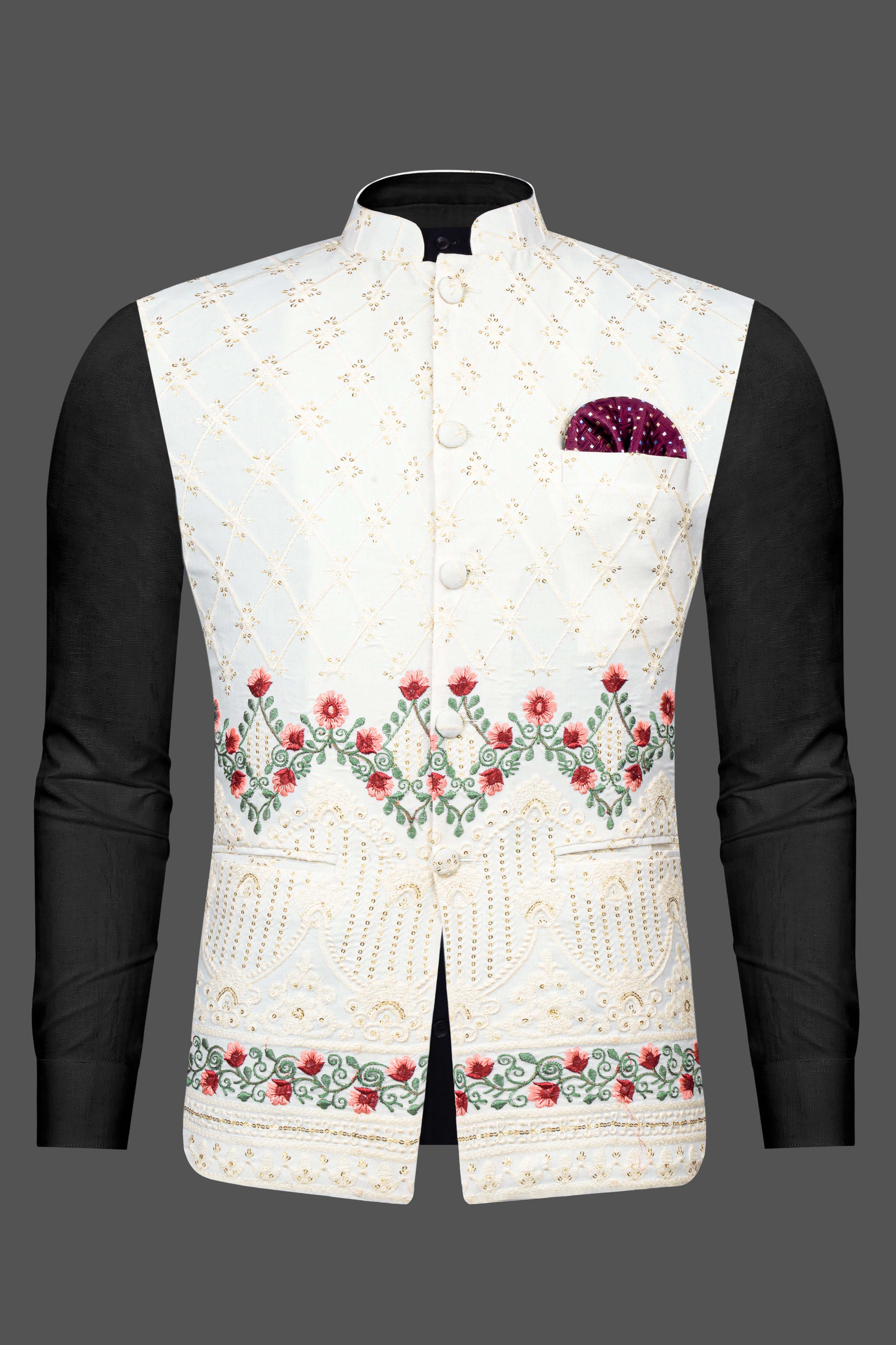 Ecru Cream Viscose Floral Embroidered with Tikki Work Designer Nehru Jacket