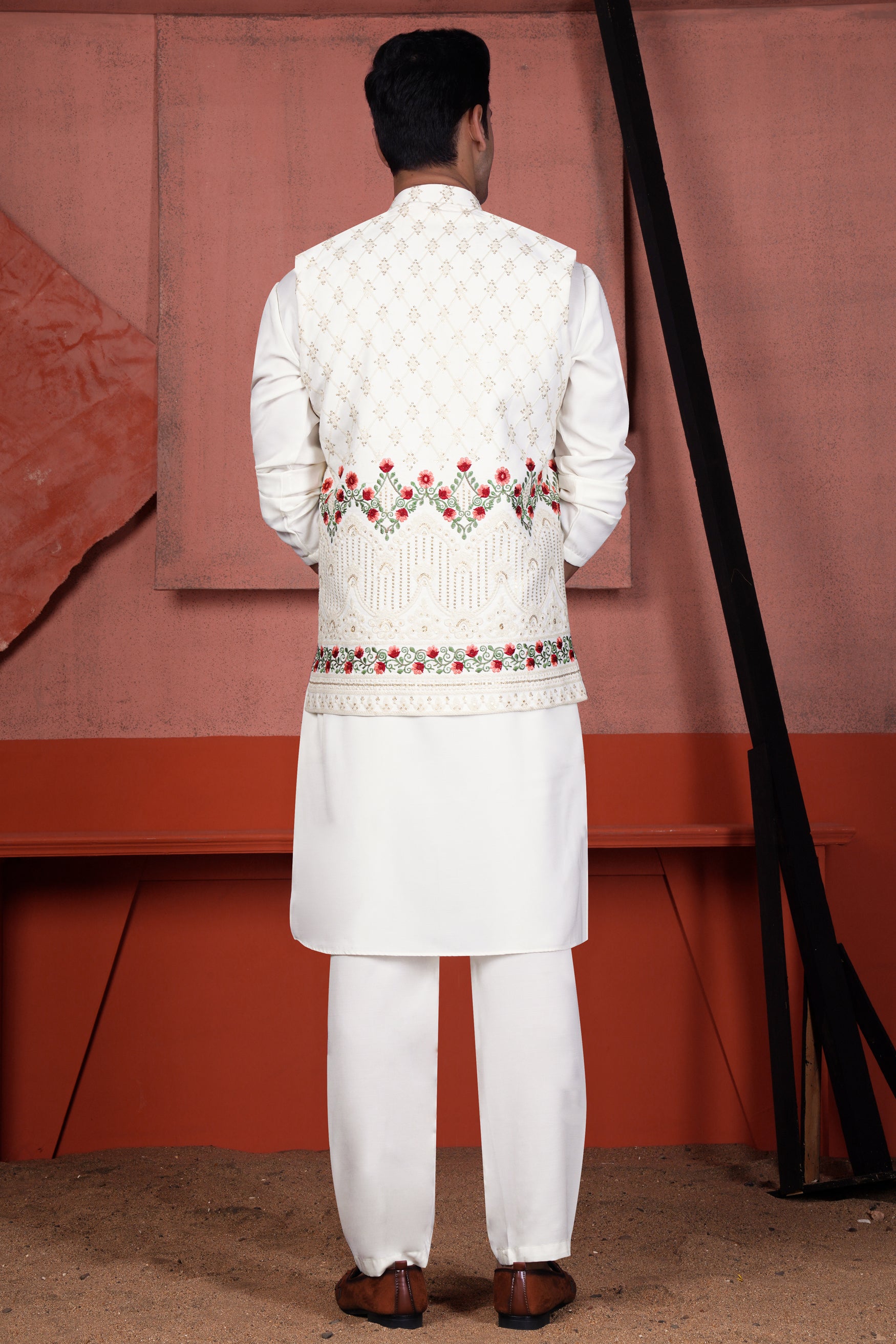 Ecru Cream Viscose Floral Embroidered with Tikki Work Designer Nehru Jacket