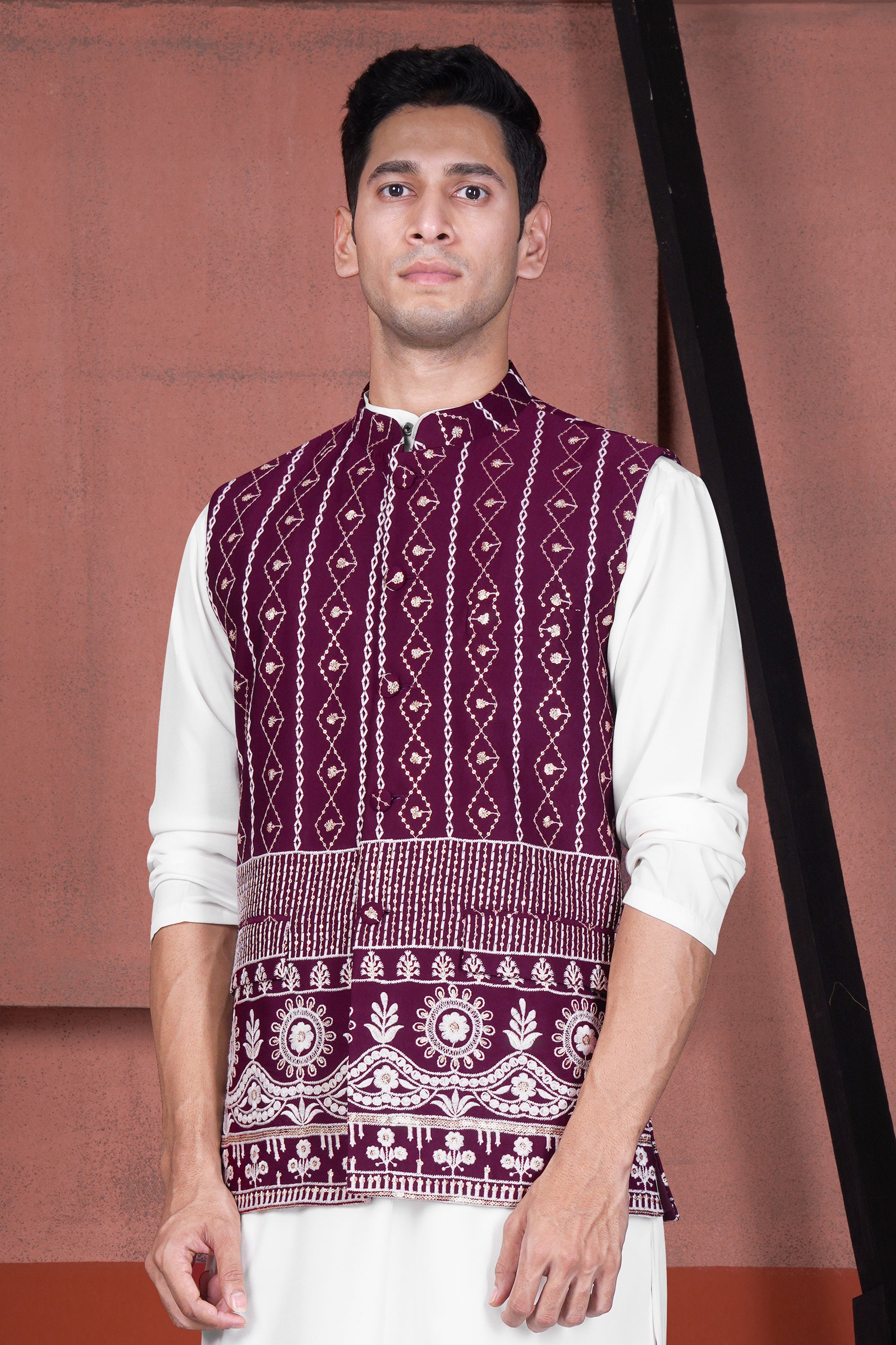 Pansy Purple Cotton Thread Embroidered Viscose Designer Nehru Jacket