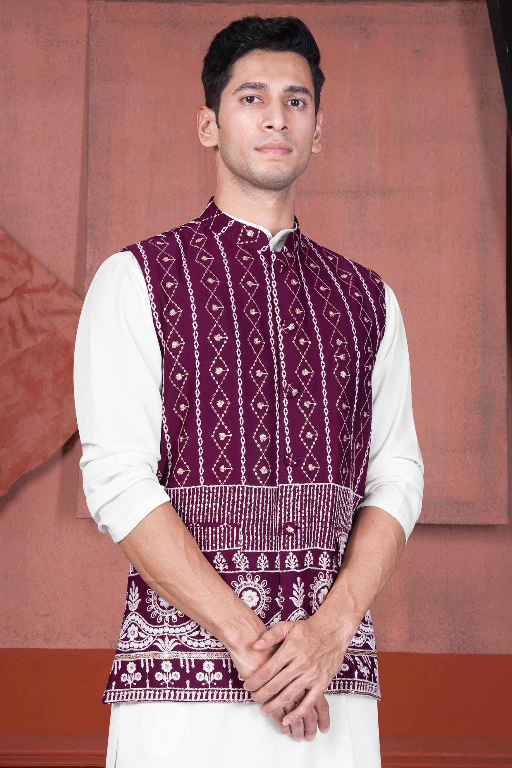 Pansy Purple Cotton Thread Embroidered Viscose Designer Nehru Jacket