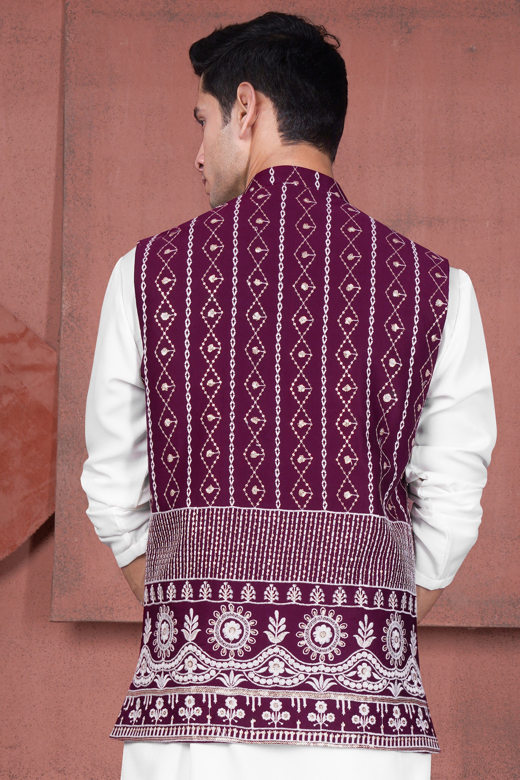 Pansy Purple Cotton Thread Embroidered Viscose Designer Nehru Jacket