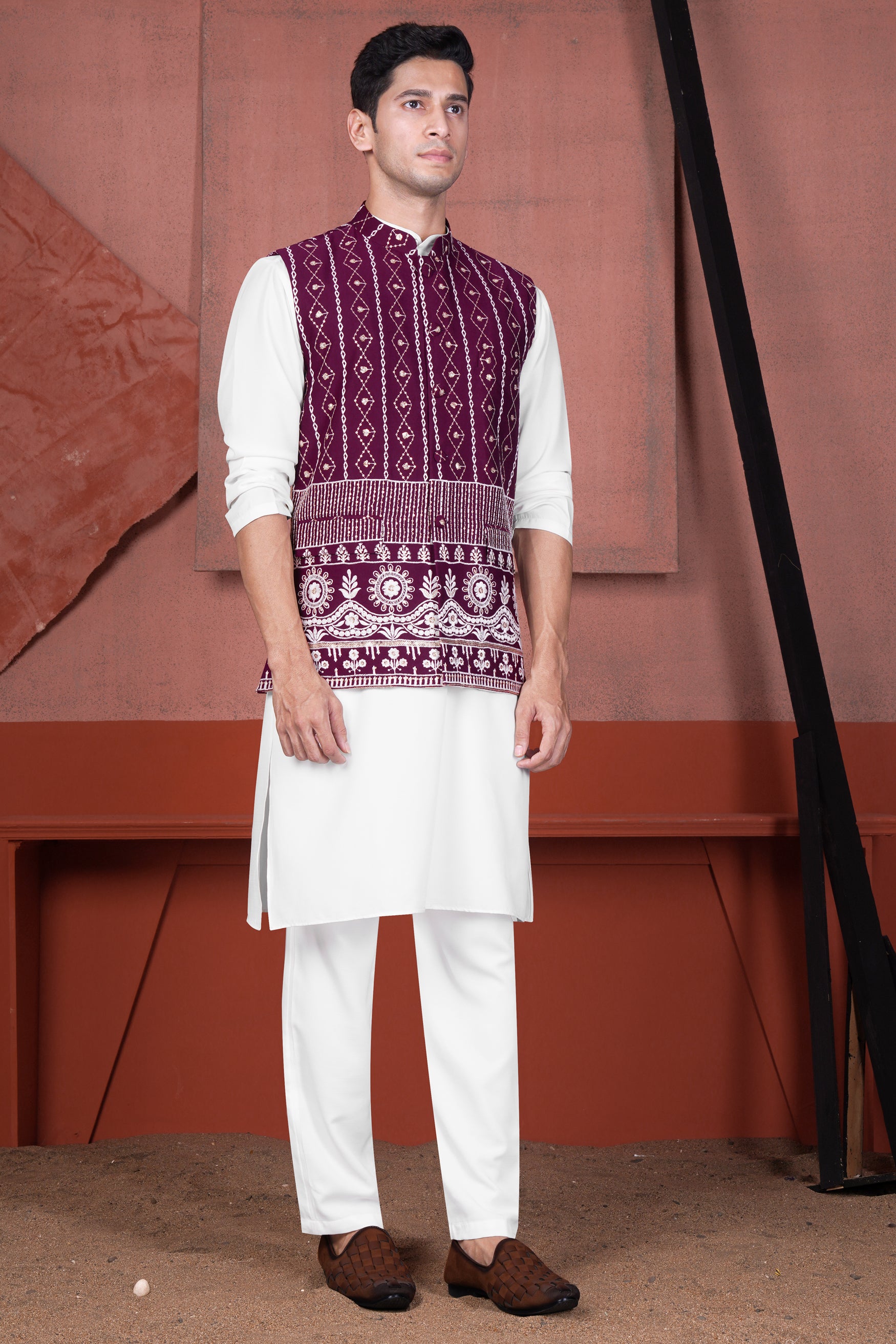 Pansy Purple Cotton Thread Embroidered Viscose Designer Nehru Jacket