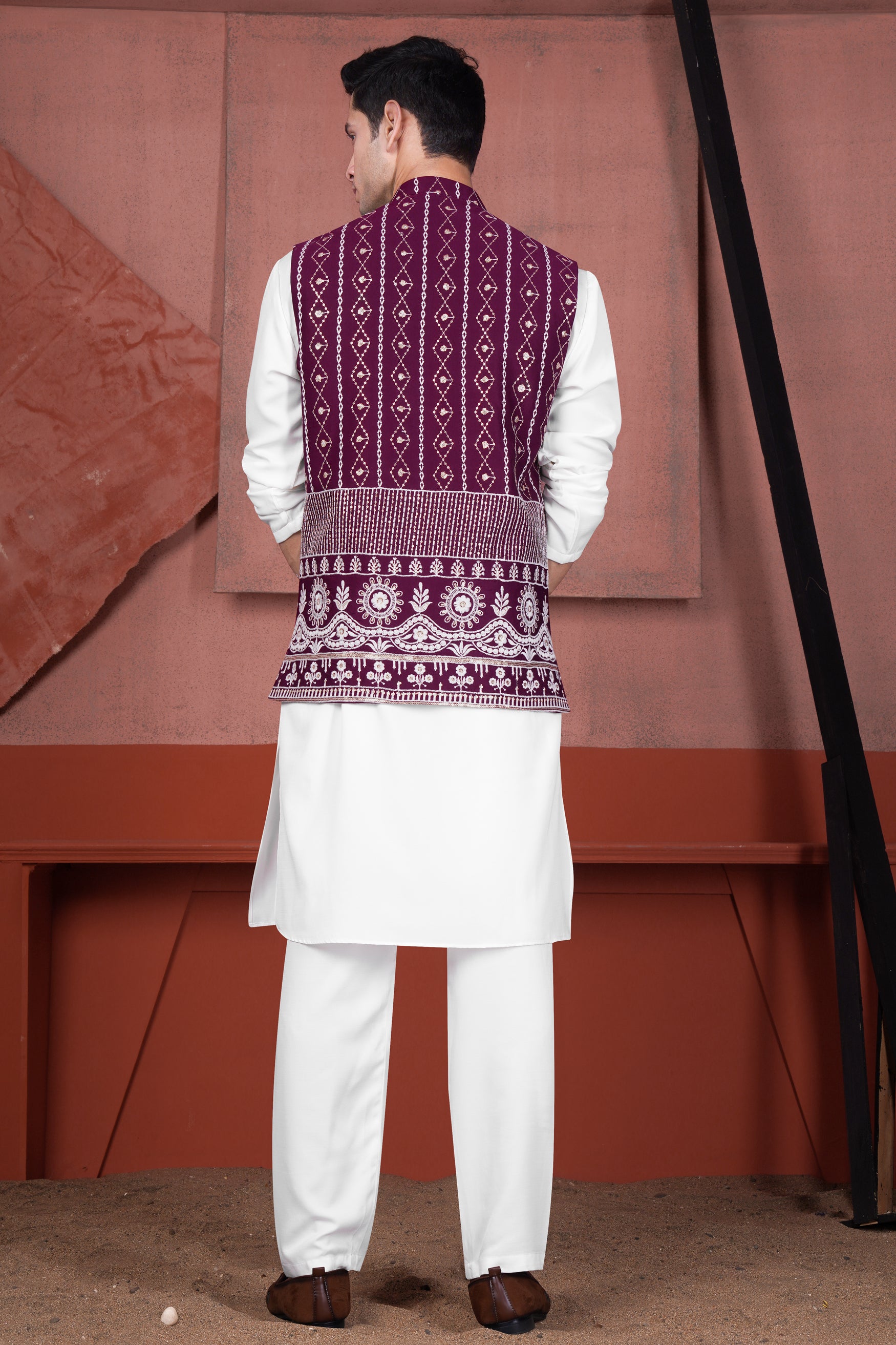 Pansy Purple Cotton Thread Embroidered Viscose Designer Nehru Jacket