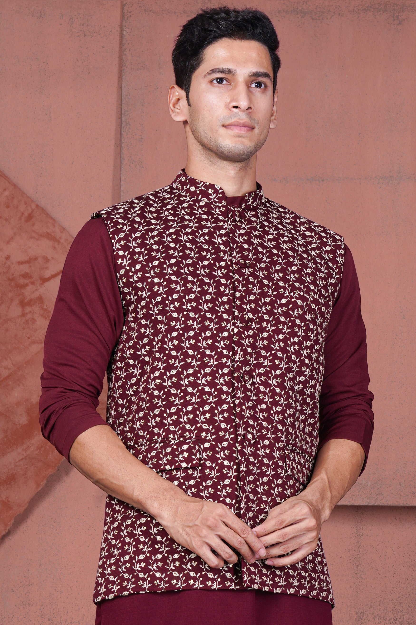 Mulberry Maroon Viscose Ditsy Embroidered With Tikki Work Designer Nehru Jacket