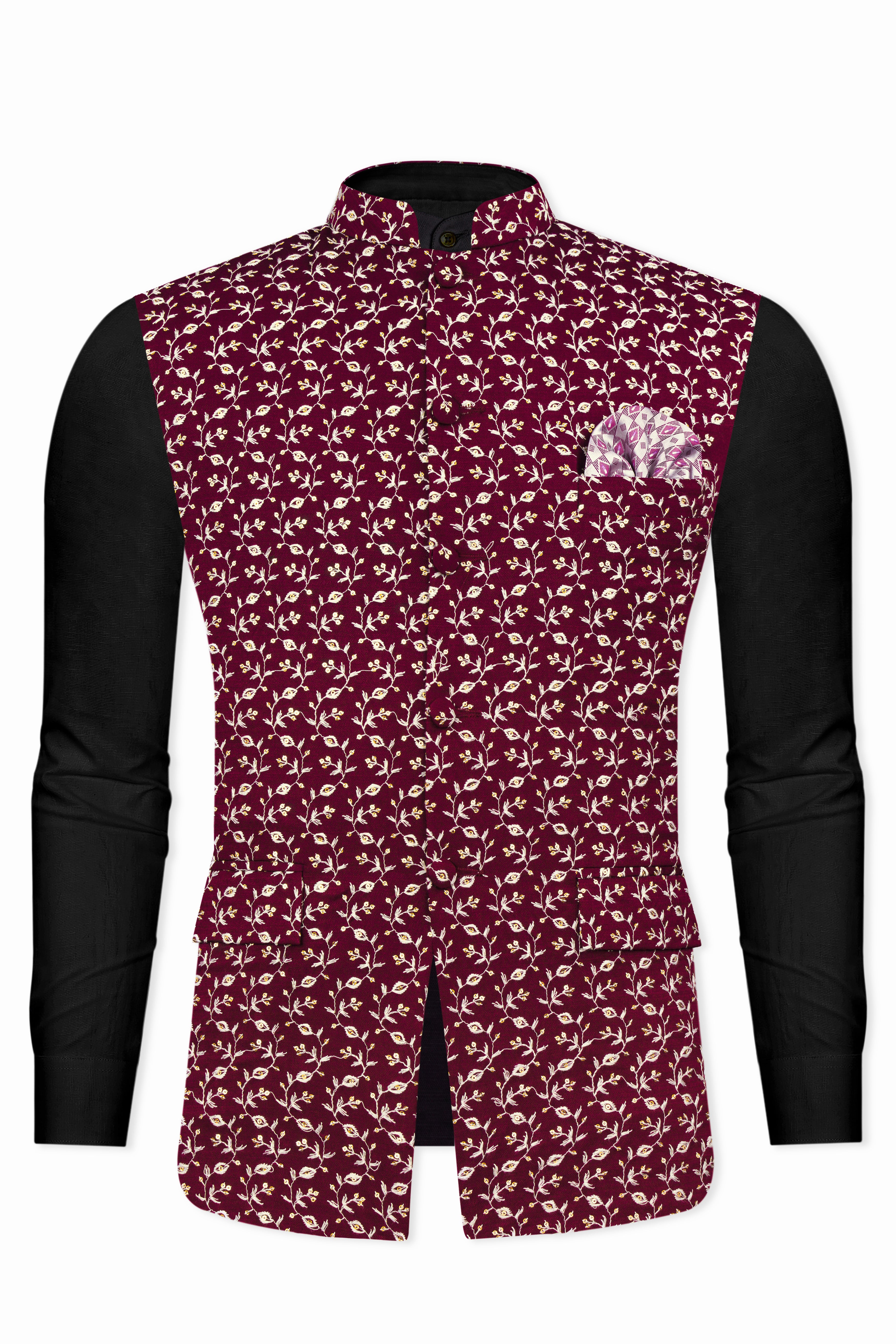 Mulberry Maroon Viscose Ditsy Embroidered With Tikki Work Designer Nehru Jacket