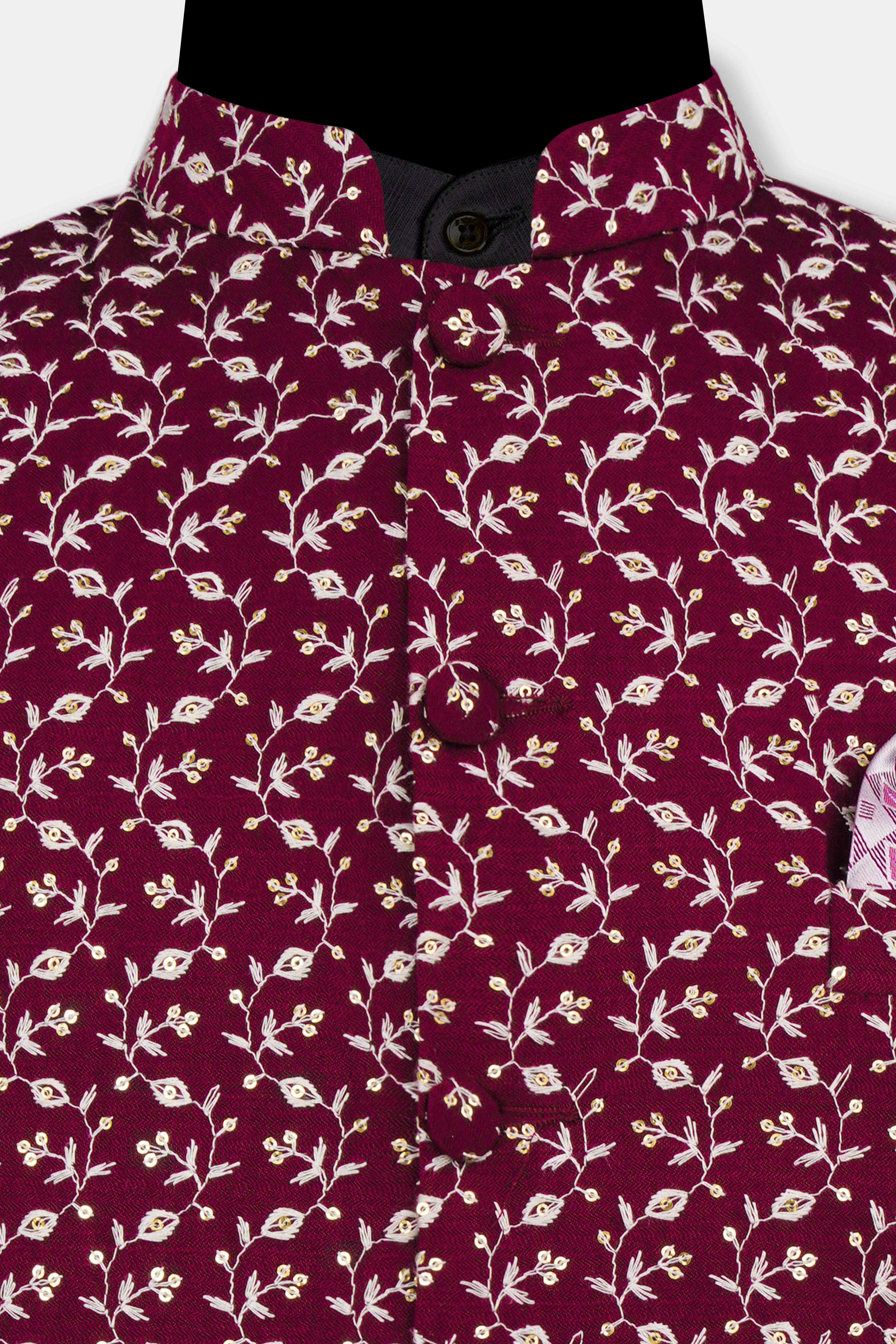 Mulberry Maroon Viscose Ditsy Embroidered With Tikki Work Designer Nehru Jacket