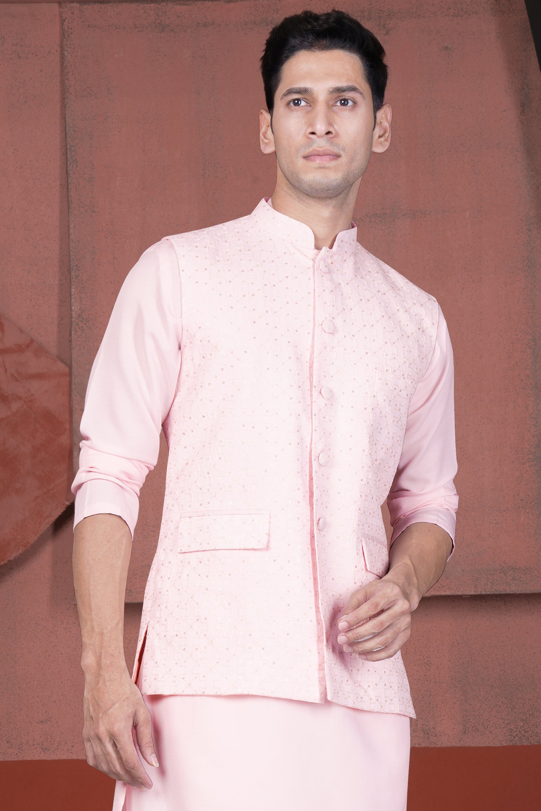 Blush Peach Viscose Embroidered With Tikki Work Designer Nehru Jacket