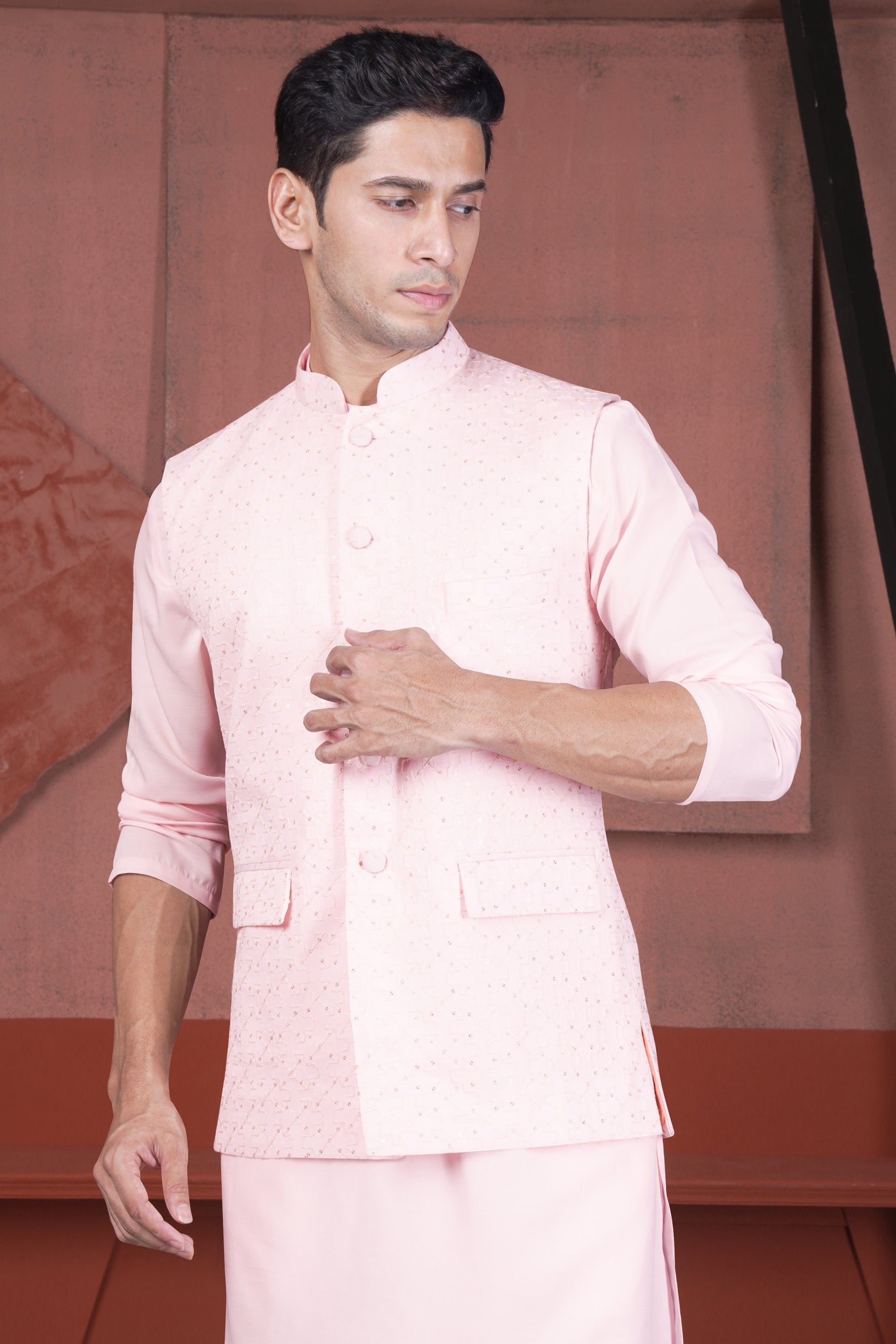 Blush Peach Viscose Embroidered With Tikki Work Designer Nehru Jacket