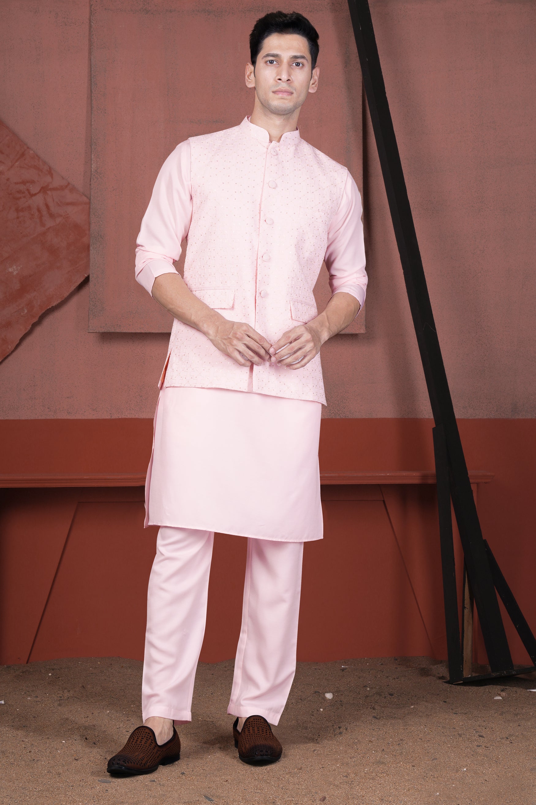 Blush Peach Viscose Embroidered With Tikki Work Designer Nehru Jacket