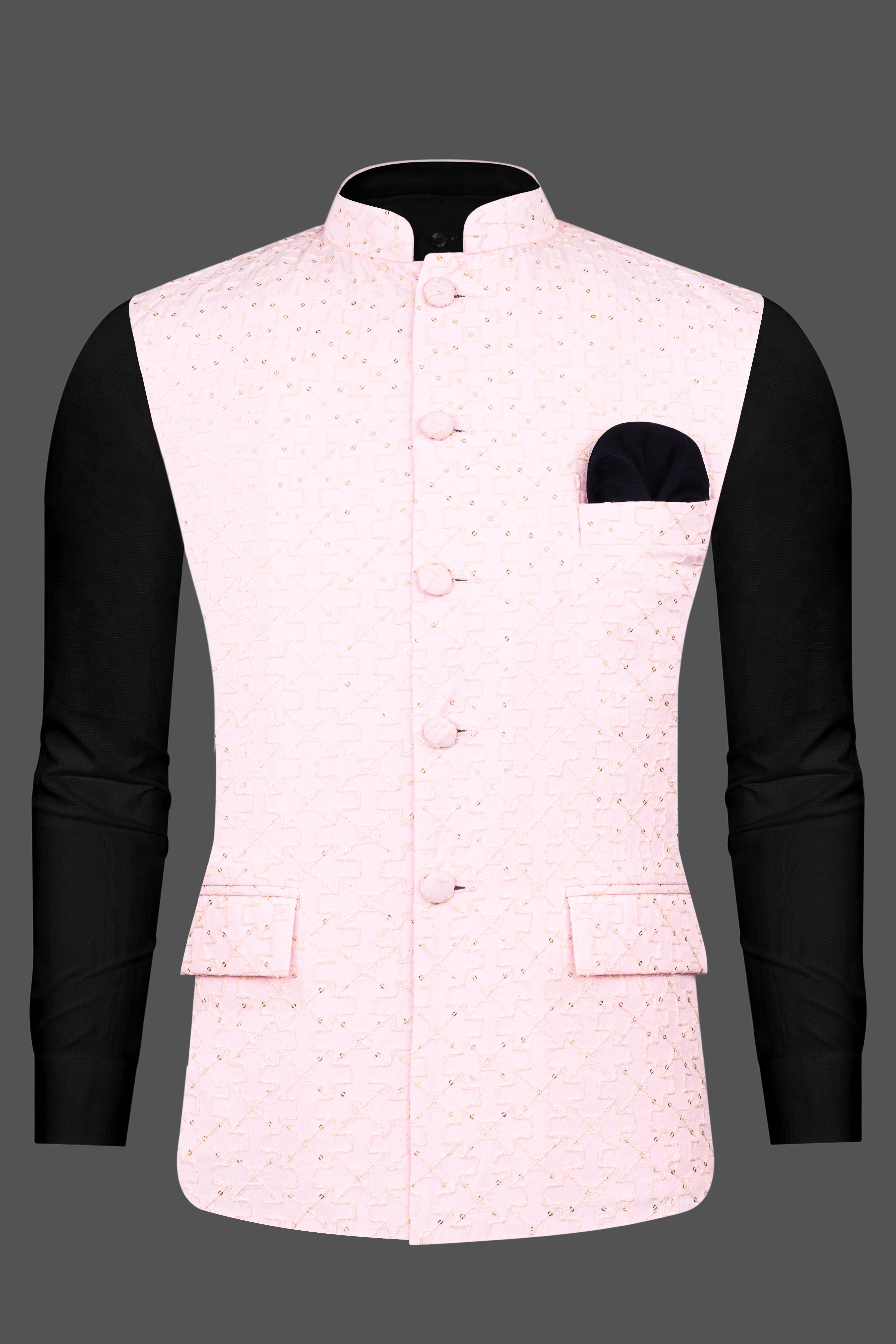 Blush Peach Viscose Embroidered With Tikki Work Designer Nehru Jacket