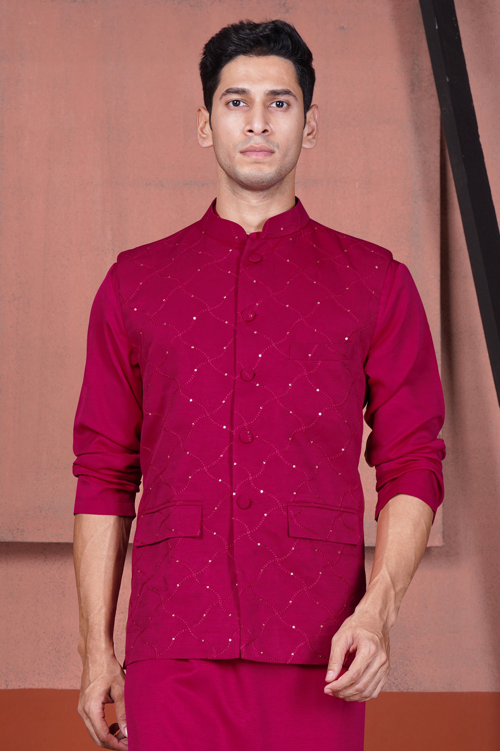 Cardinal Pink Viscose Embroidered With Tikki Work Designer Nehru Jacket