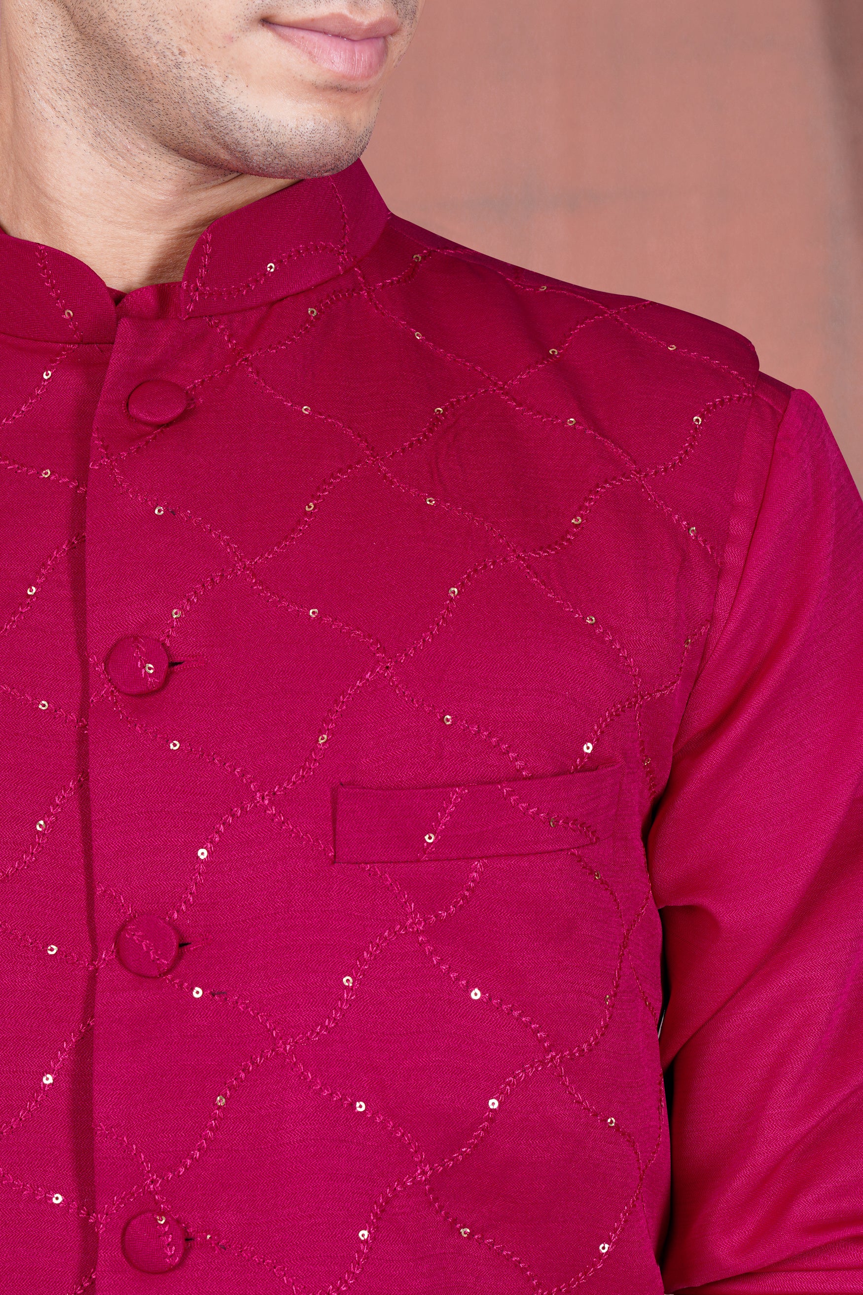 Cardinal Pink Viscose Embroidered With Tikki Work Designer Nehru Jacket