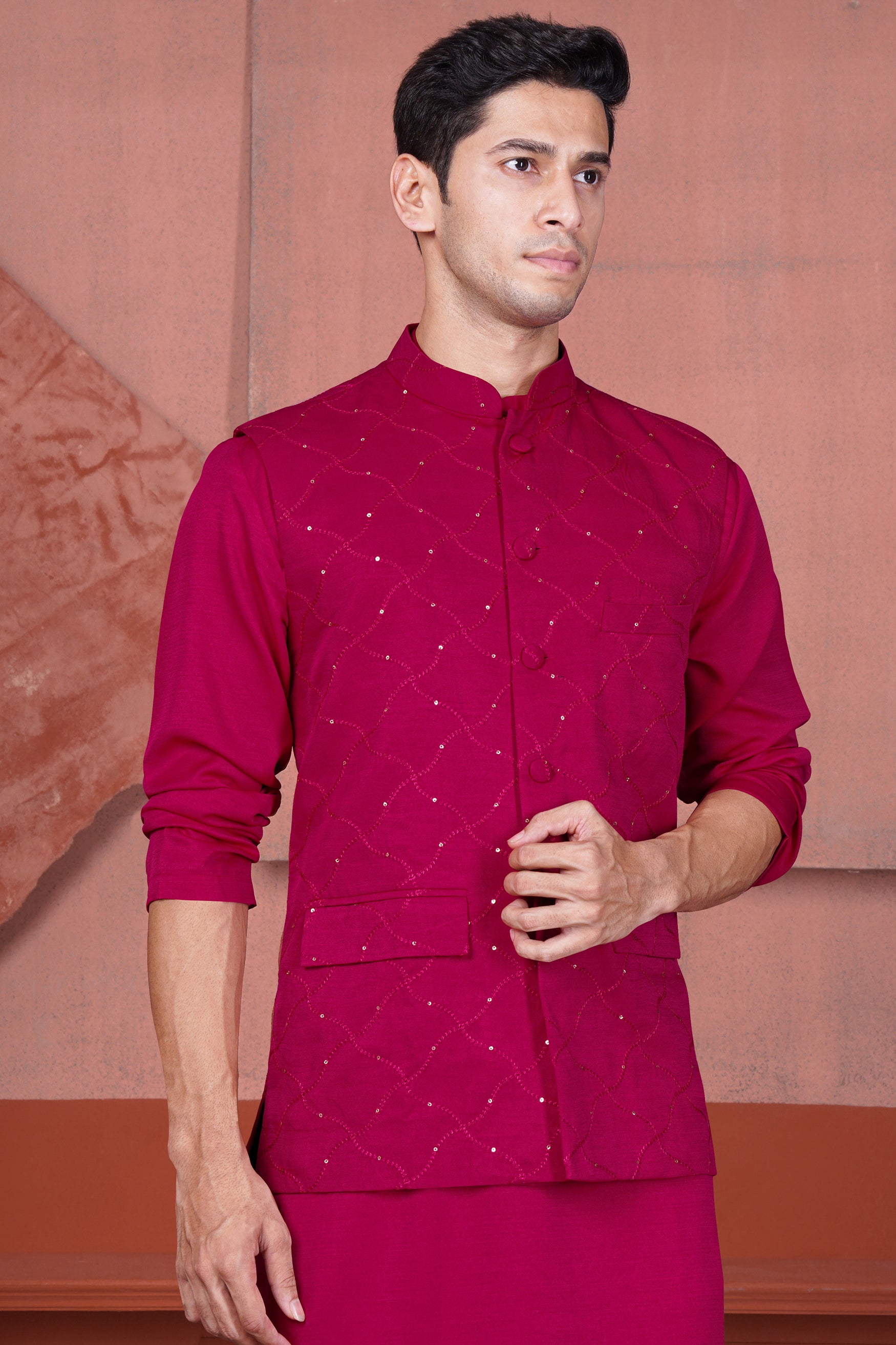 Cardinal Pink Viscose Embroidered With Tikki Work Designer Nehru Jacket