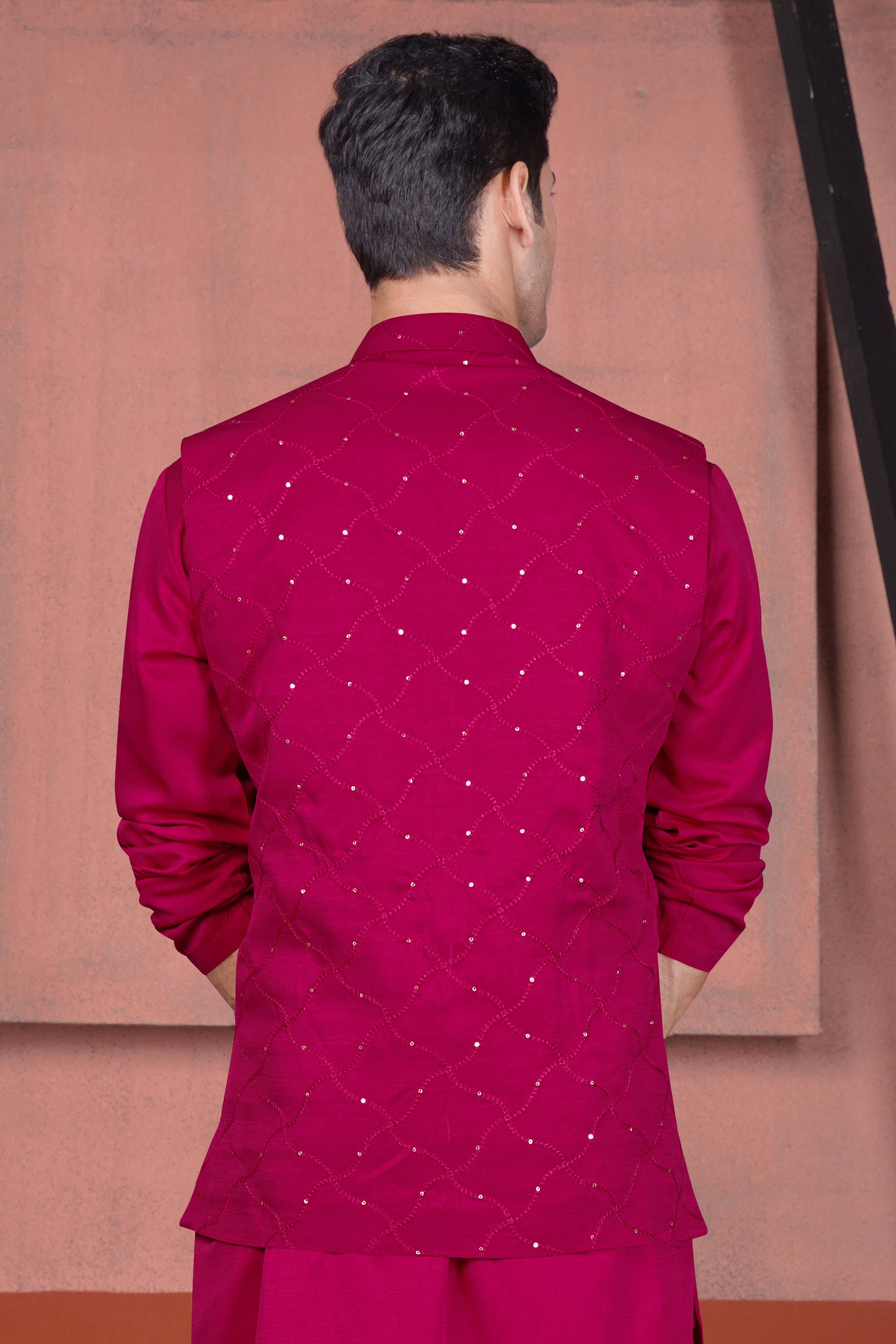 Cardinal Pink Viscose Embroidered With Tikki Work Designer Nehru Jacket