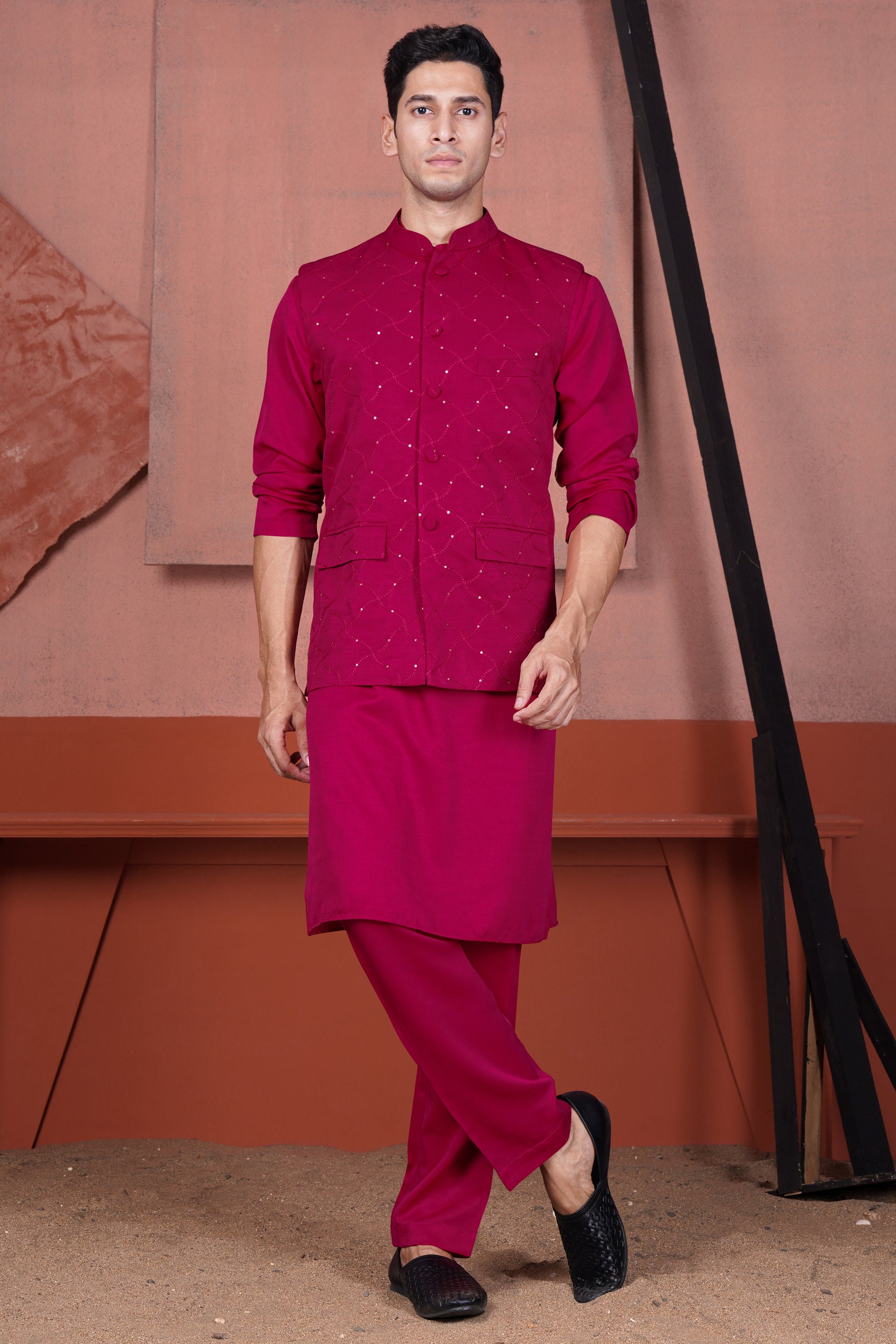 Cardinal Pink Viscose Embroidered With Tikki Work Designer Nehru Jacket